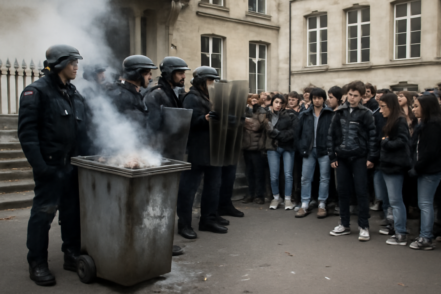 Riot police in helmets face a crowd of teenagers near a burning rubbish bin outside a French high school