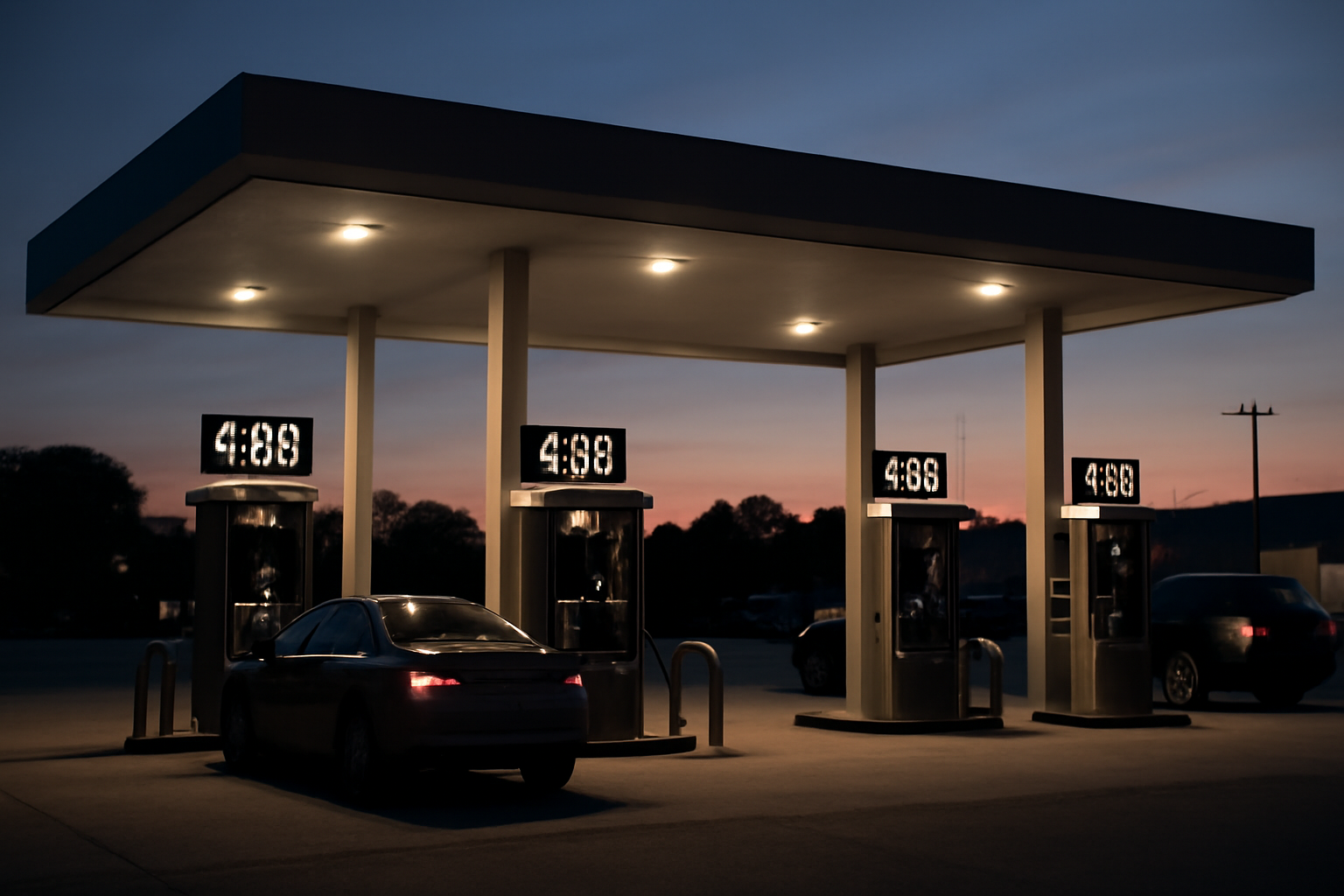 Fuel pumps at a U.S. gas station with price signs displayed