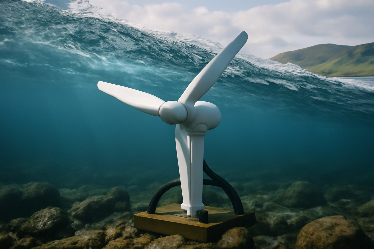 Underwater tidal turbine anchored to the seabed near a rocky Scottish coastline