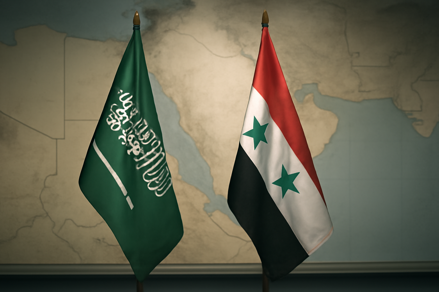 National flags of Saudi Arabia and Syria positioned beside a regional map showing Yemen.