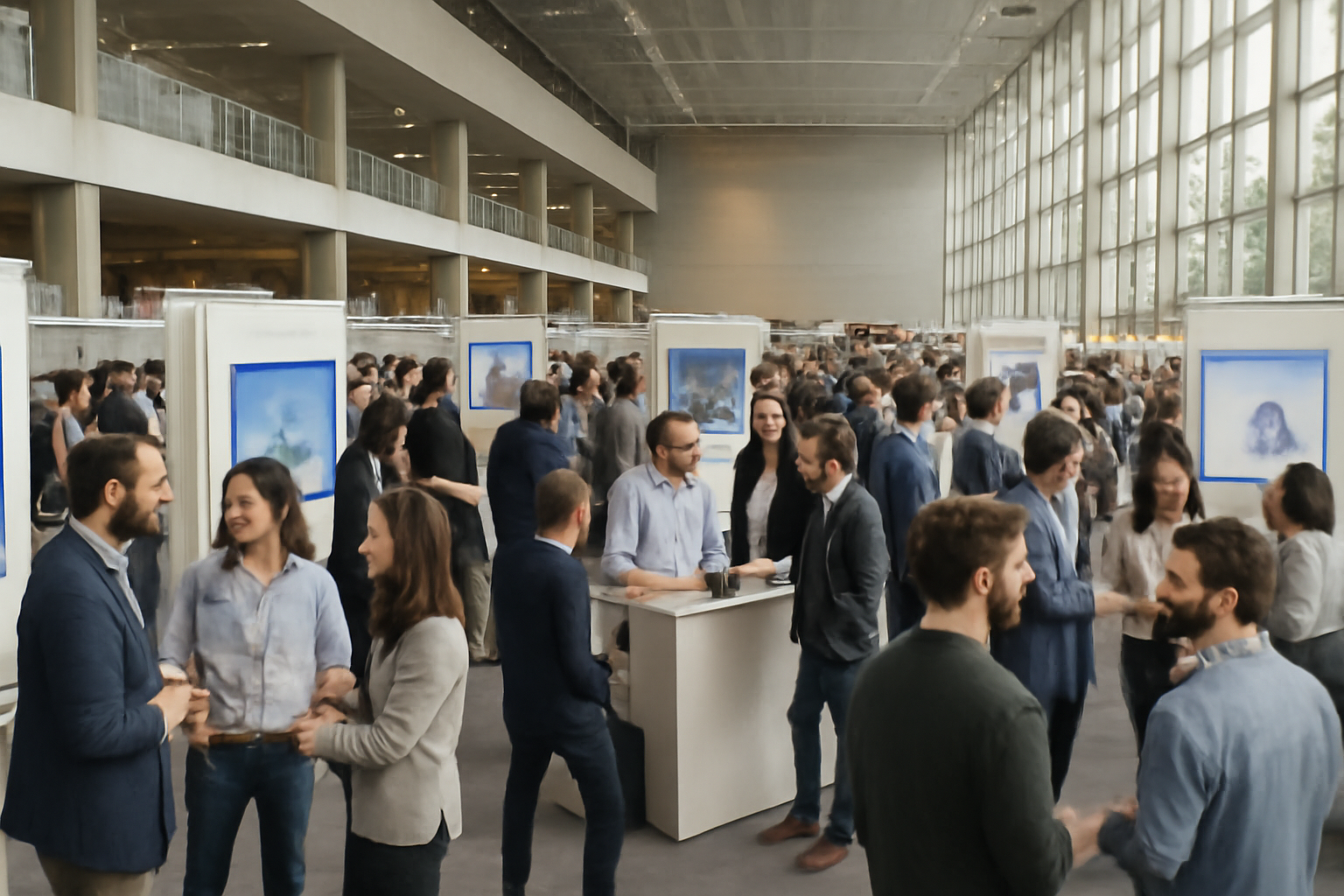 Crowded conference expo hall with startup booths and attendees networking