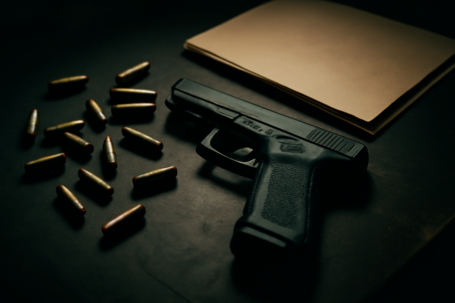 A handgun and loose ammunition rounds laid out on a table during a law enforcement evidence review.