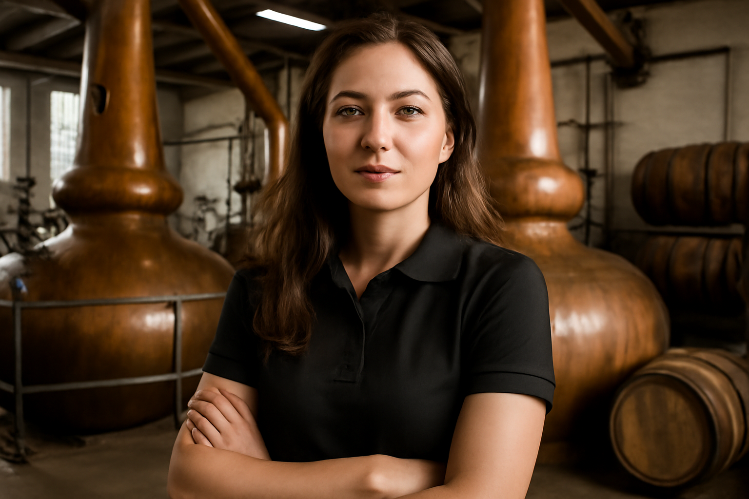 Young woman in work attire standing in front of copper whisky stills at a Scottish distillery