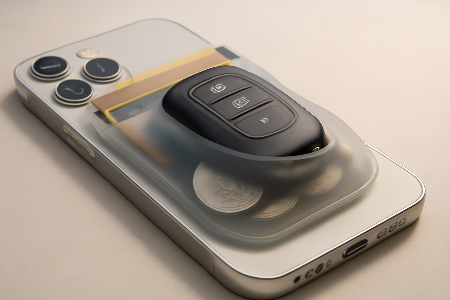 A stretchy silicone pouch attached magnetically to the back of a smartphone, stuffed with cards and small items