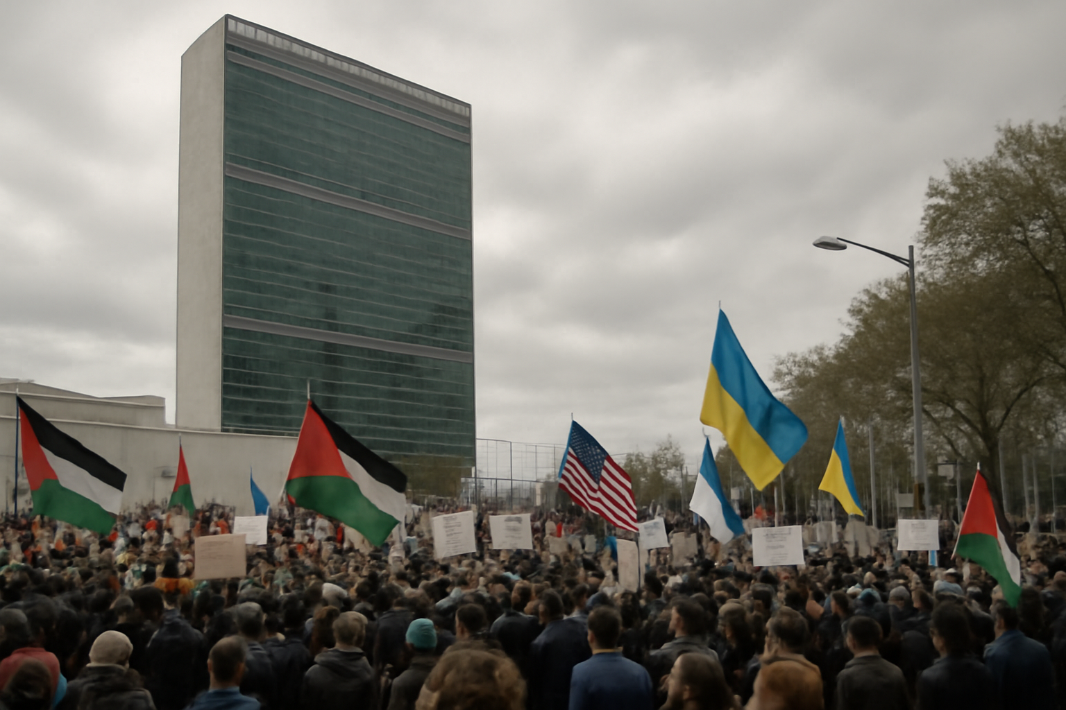 Crowd of demonstrators holding signs and Iranian opposition flags outside United Nations headquarters in Manhattan
