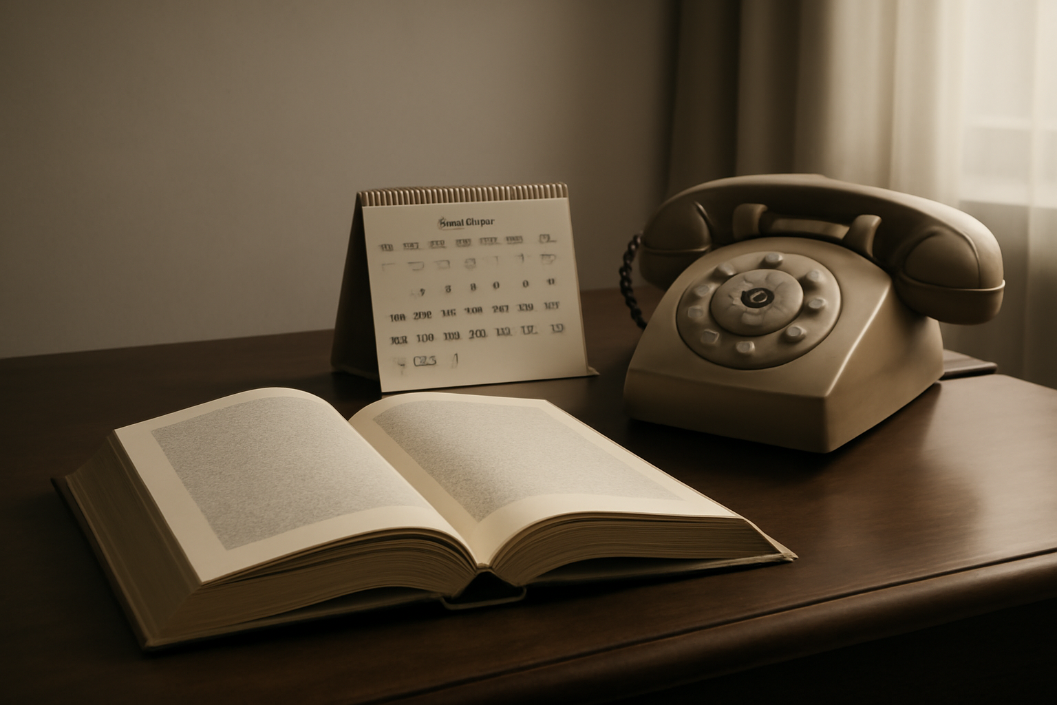 Open biography book resting on a wooden desk beside a rotary telephone and a 1994-dated calendar page