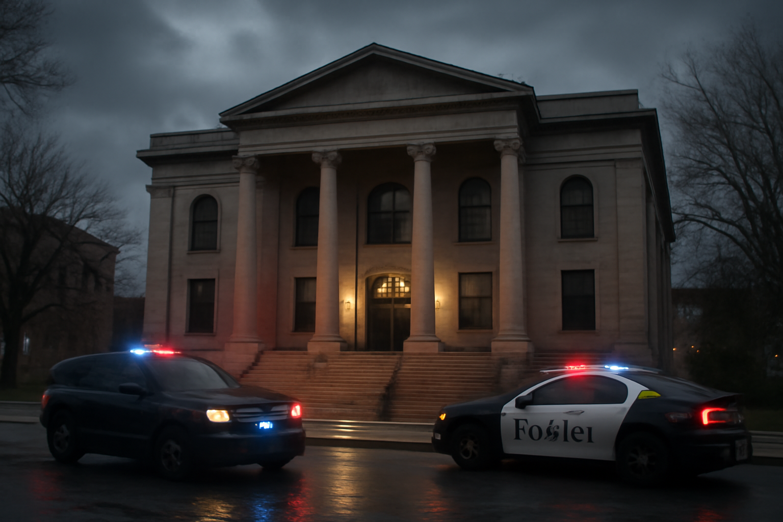 Exterior of a New Jersey courthouse with police vehicles parked outside
