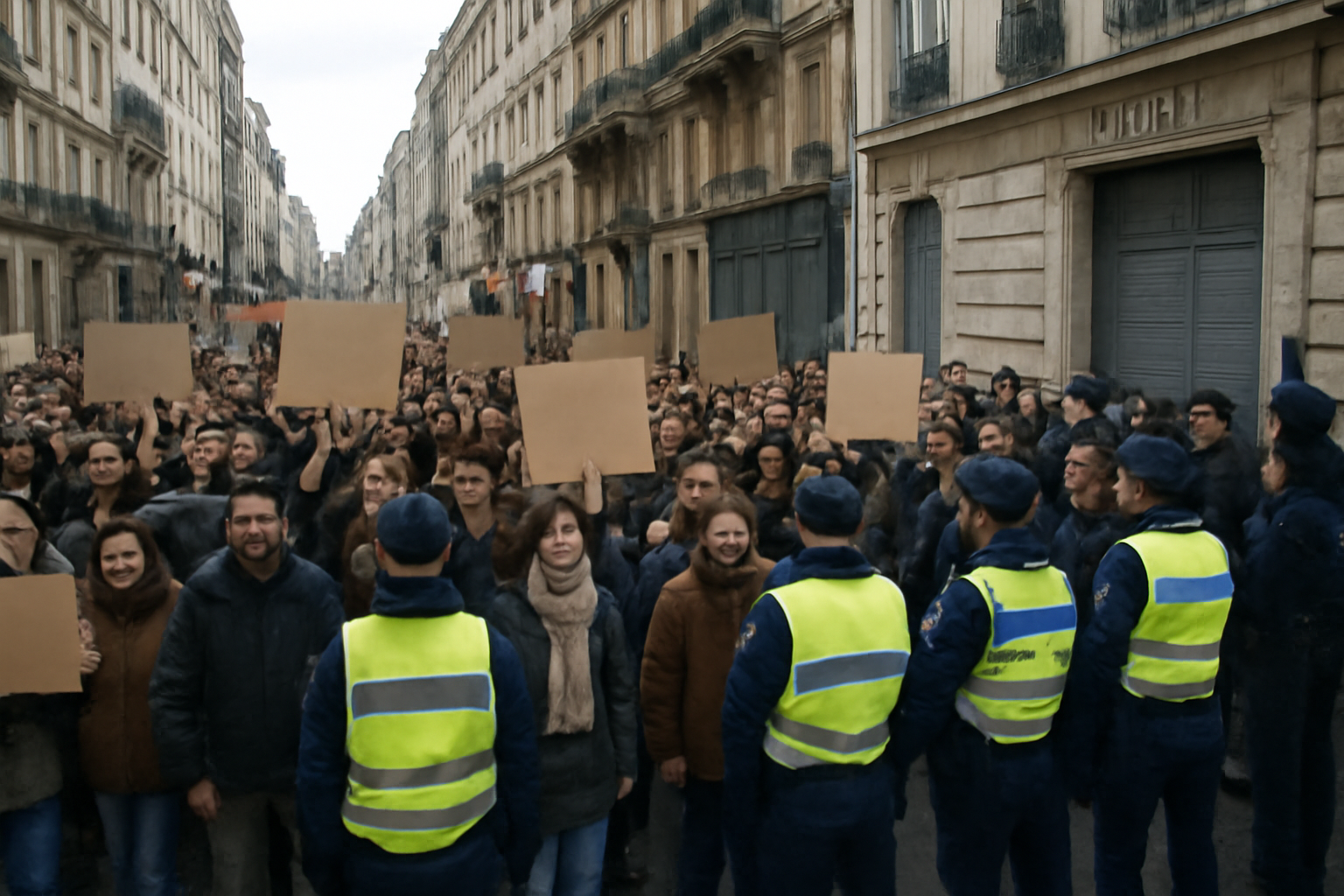 Crowds of demonstrators fill a French city street near shuttered school gates