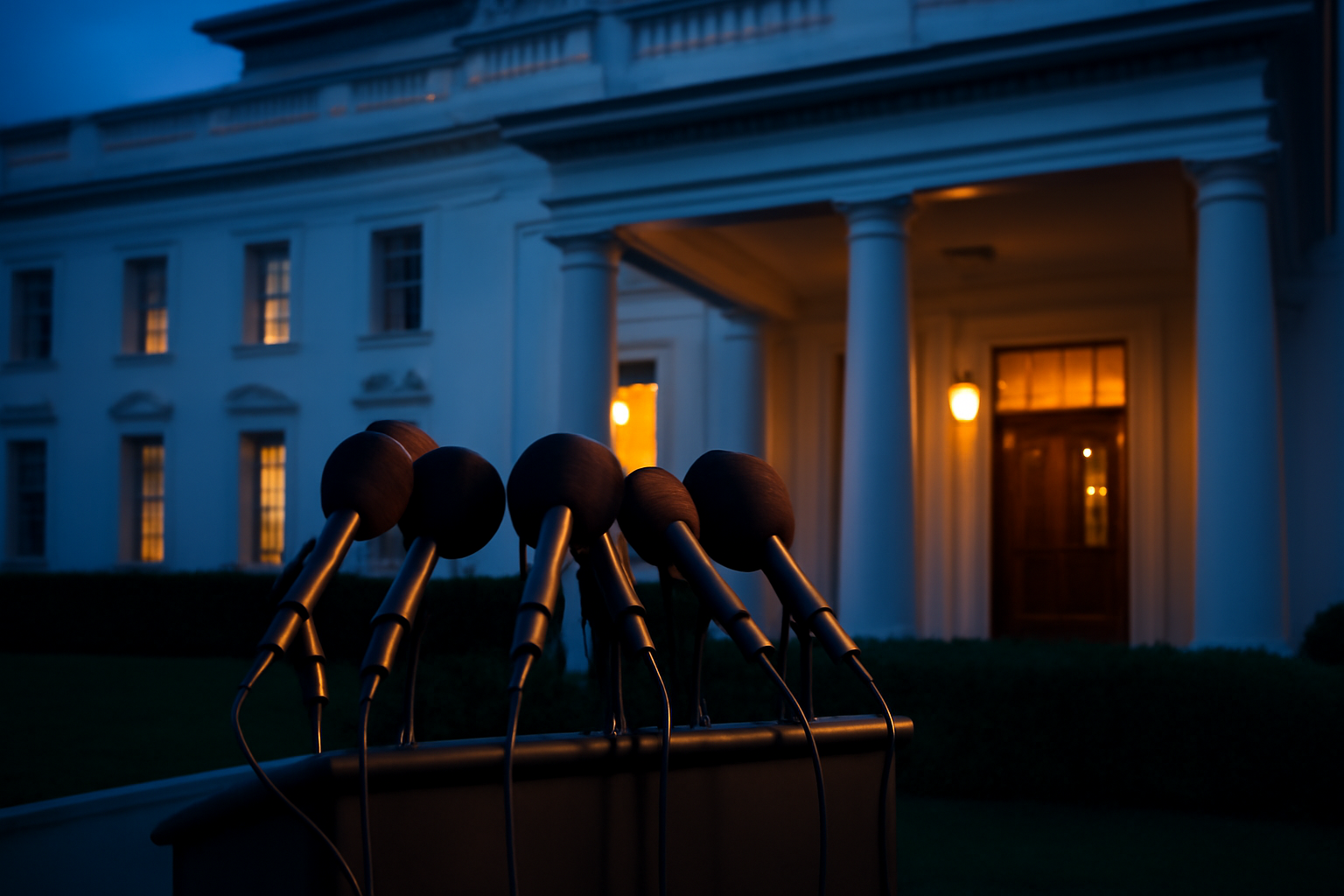 Podium microphones outside the White House press briefing area at dusk