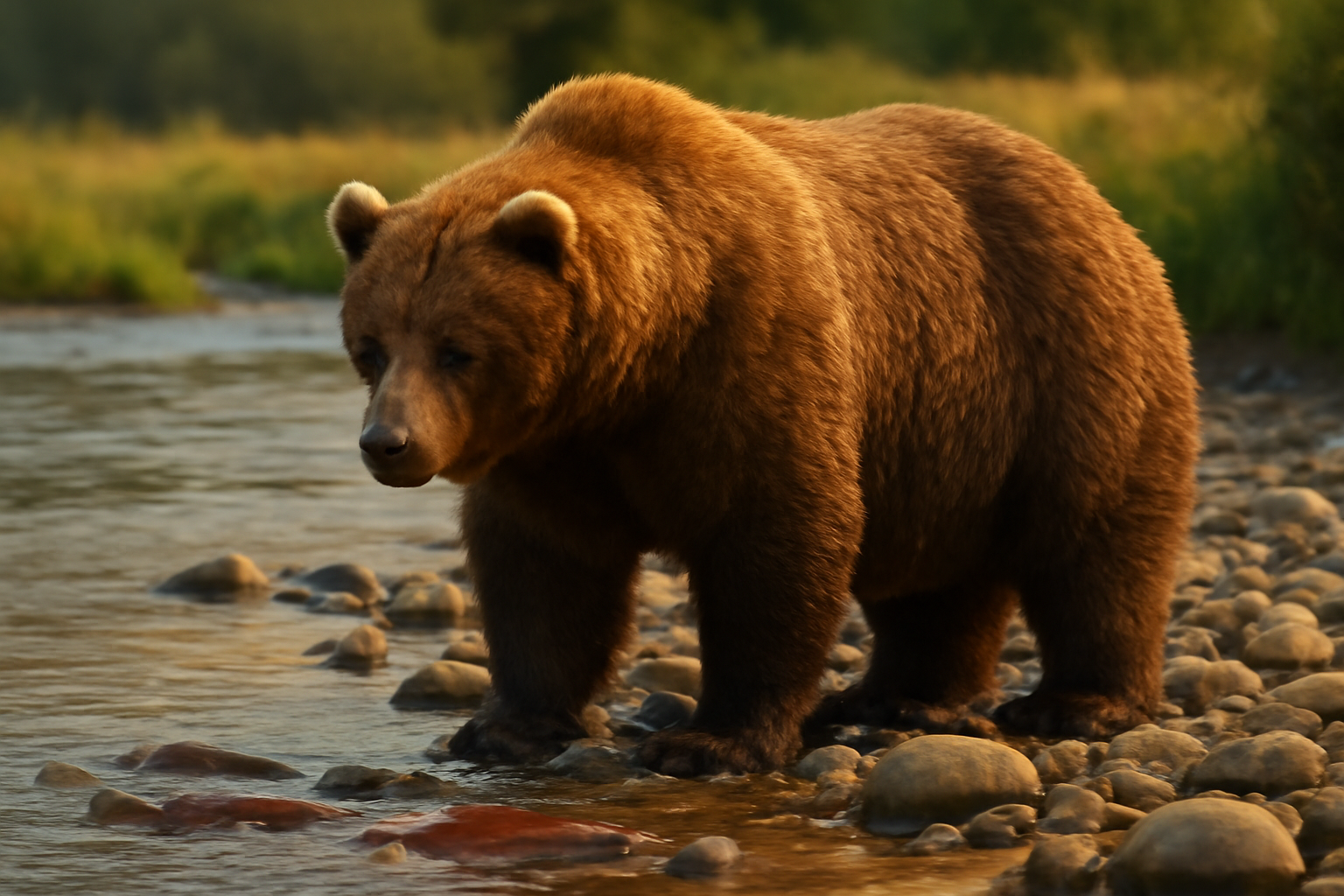 A large brown bear stands near a river bank in late summer light