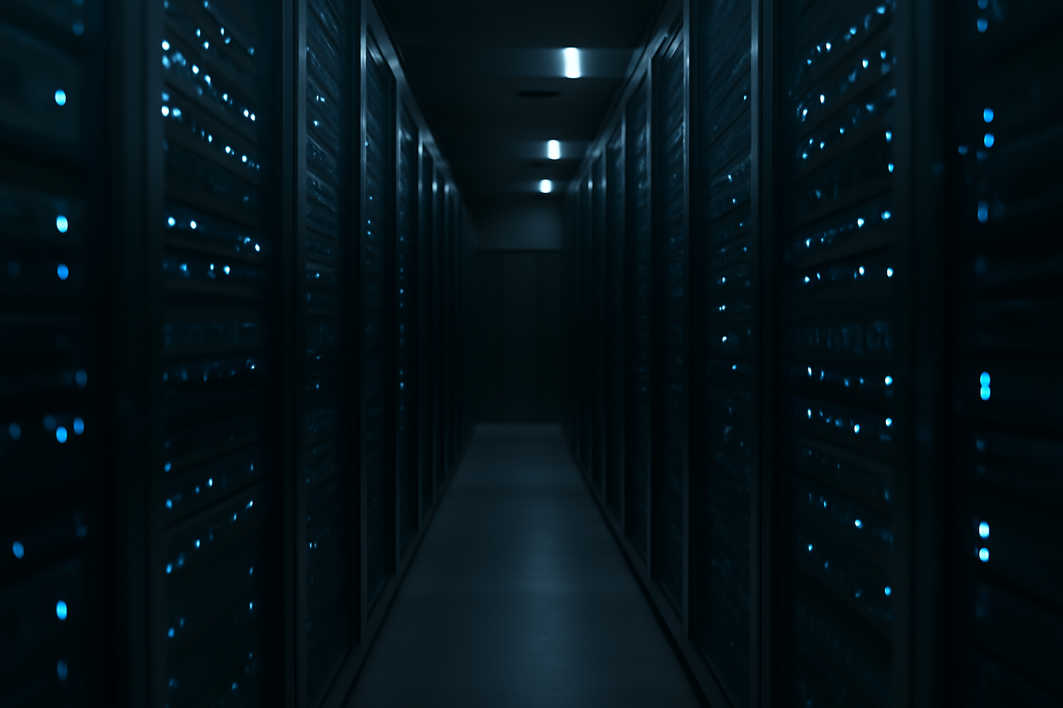 Server racks glowing with blue indicator lights in a data center at night
