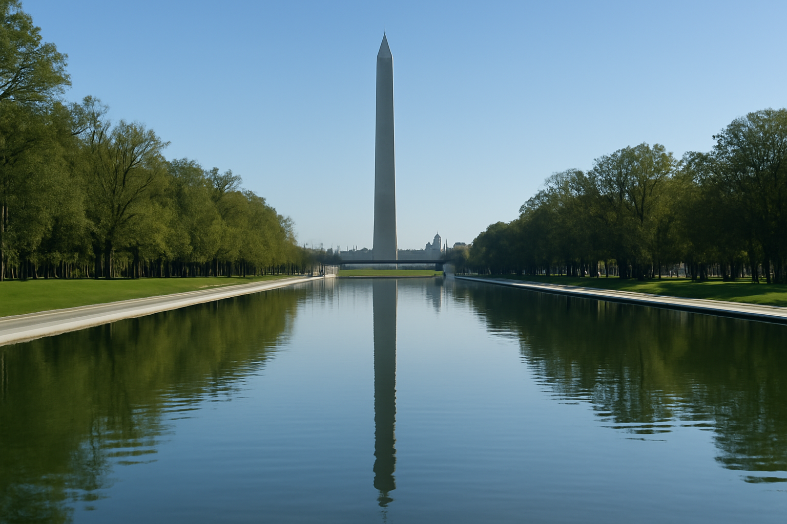 Lincoln Memorial Reflecting Pool in Washington D.C. under daylight with the Washington Monument visible in the distance