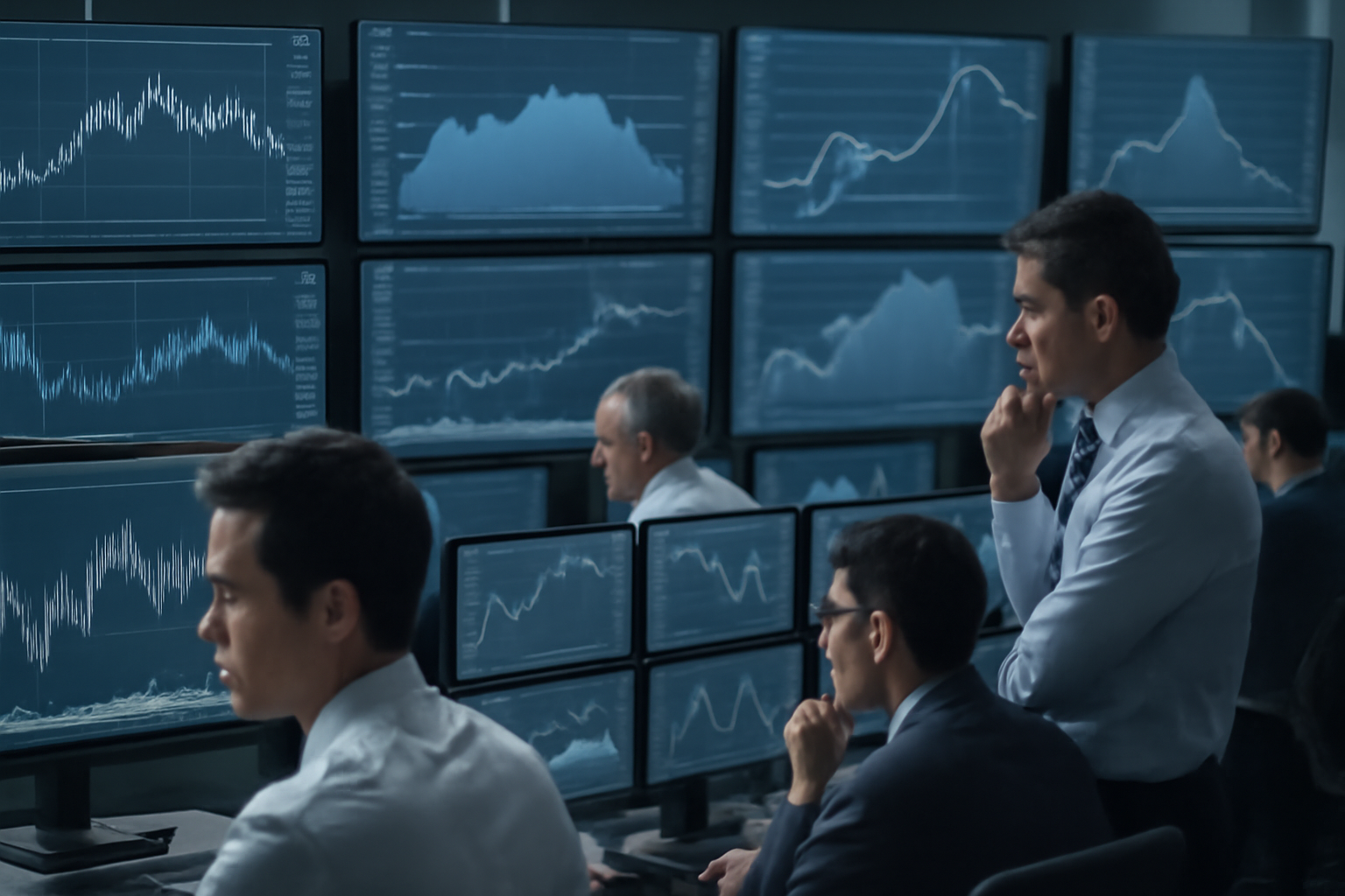 Financial traders watching economic data screens showing interest rate figures