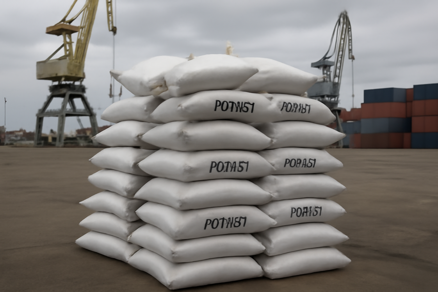 Bags of potash fertilizer stacked at a shipping port with cargo cranes in the background