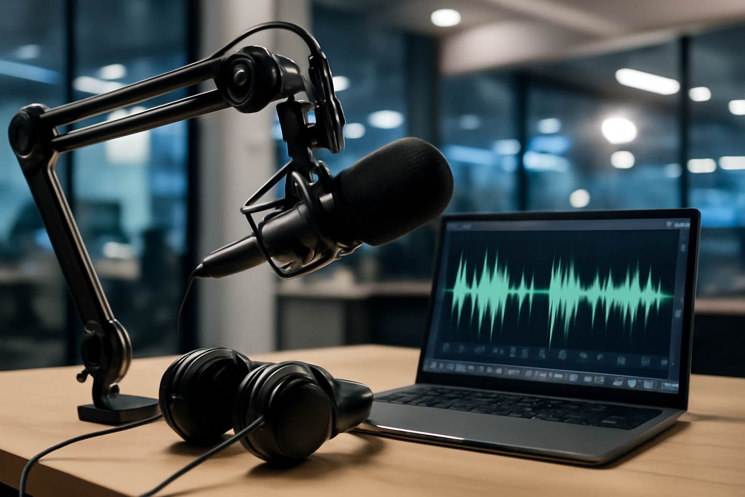 Podcast microphone and headphones on a news studio desk with a laptop showing audio waveform