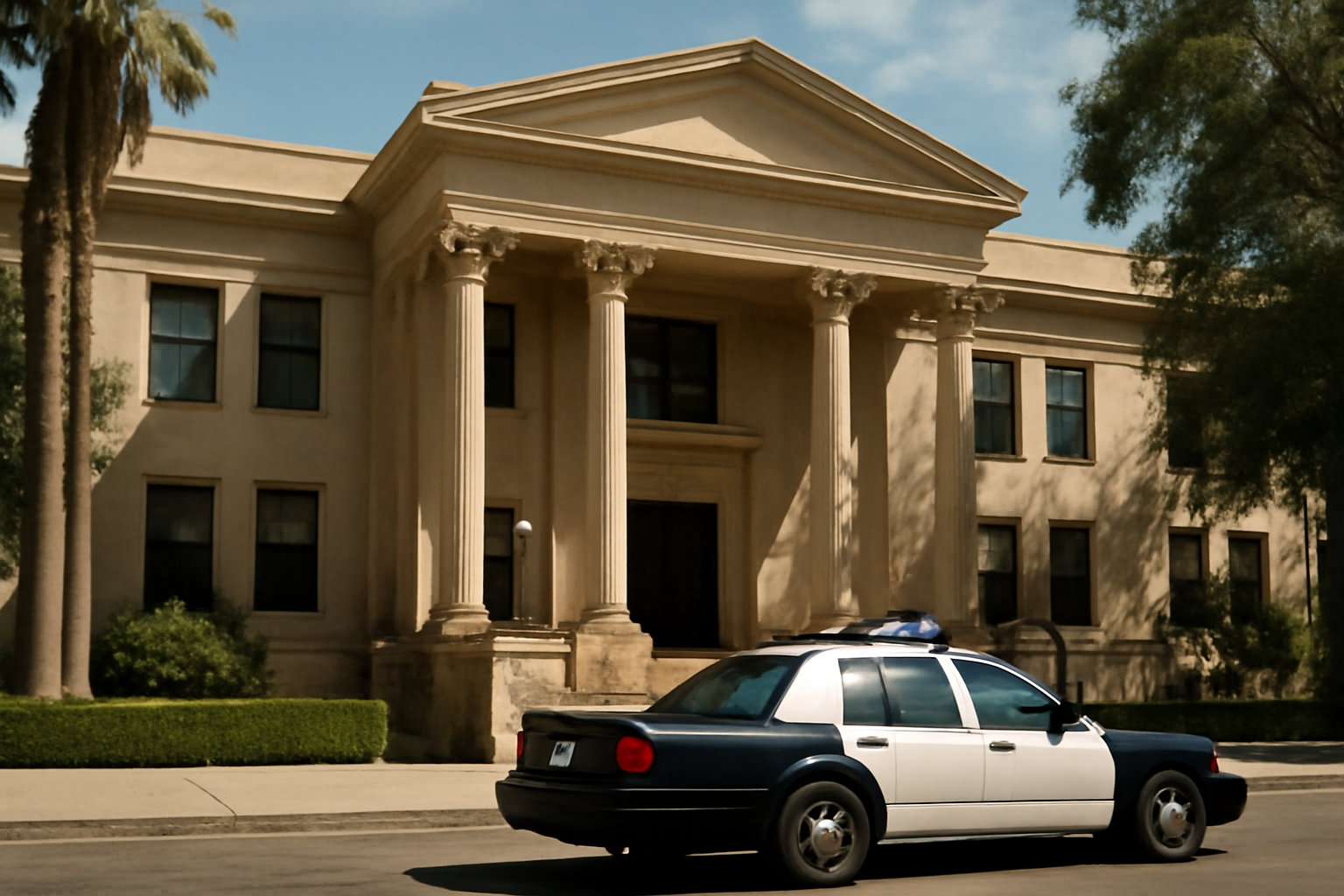 Exterior of a California courthouse with police vehicles parked outside