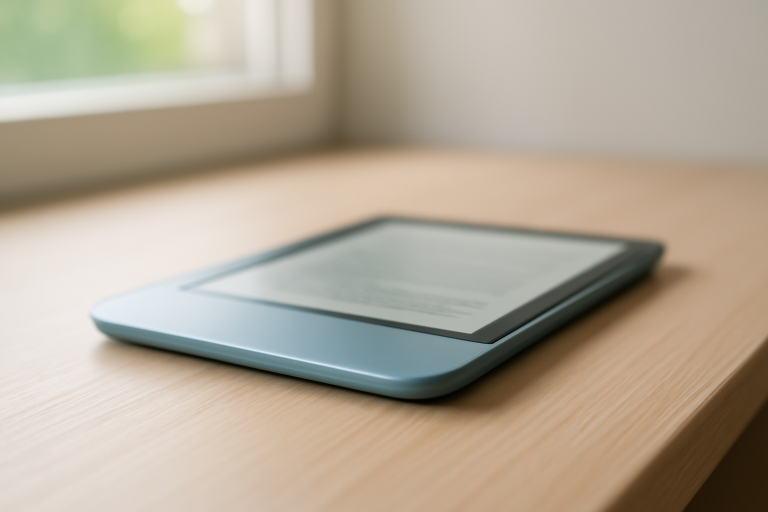 A thin metal-bodied e-reader in a sky-blue finish resting on a wooden table in natural light