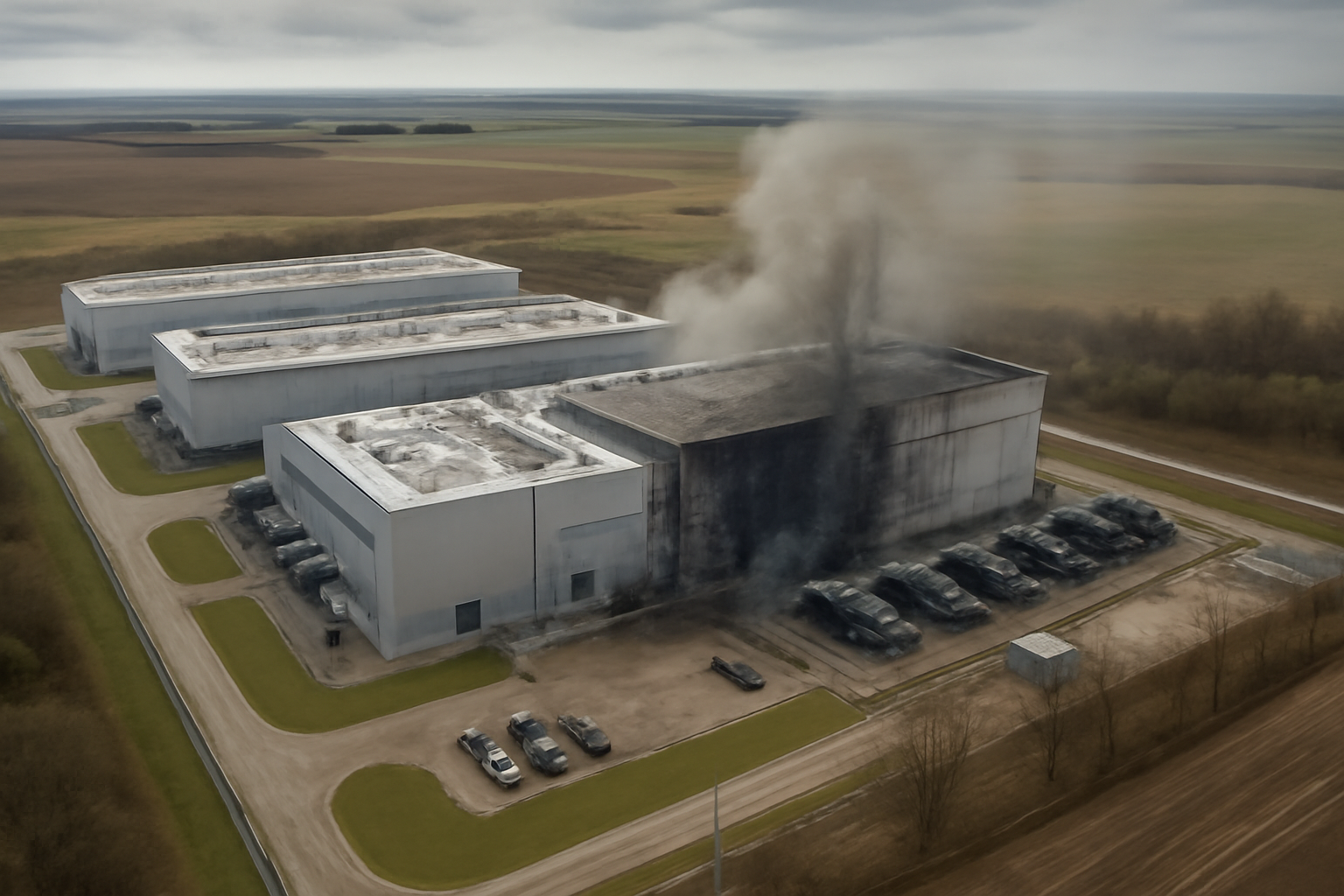Satellite view of damage at a Yandex data center complex in Russia's Sasovo region