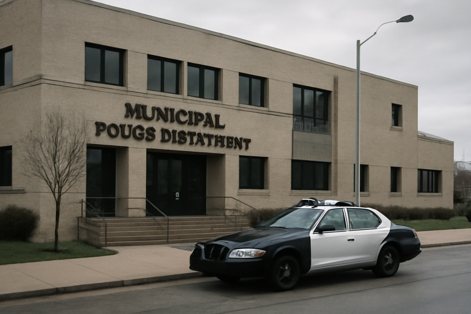 Philadelphia police department building exterior with a patrol car parked outside
