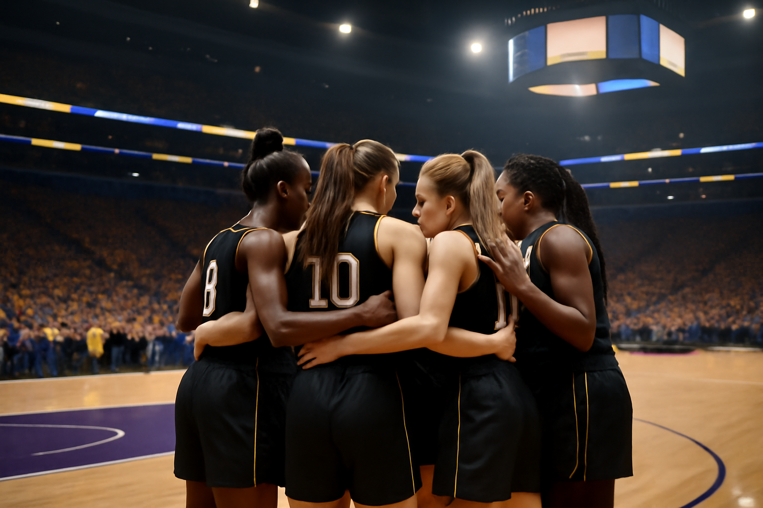 Golden State Valkyries players in warmup gear on the Chase Center court before a WNBA playoff game