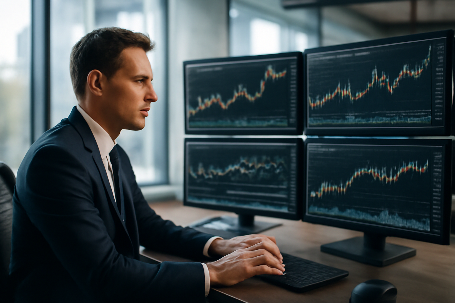 A fund manager reviews stock valuation charts on a trading desk monitor