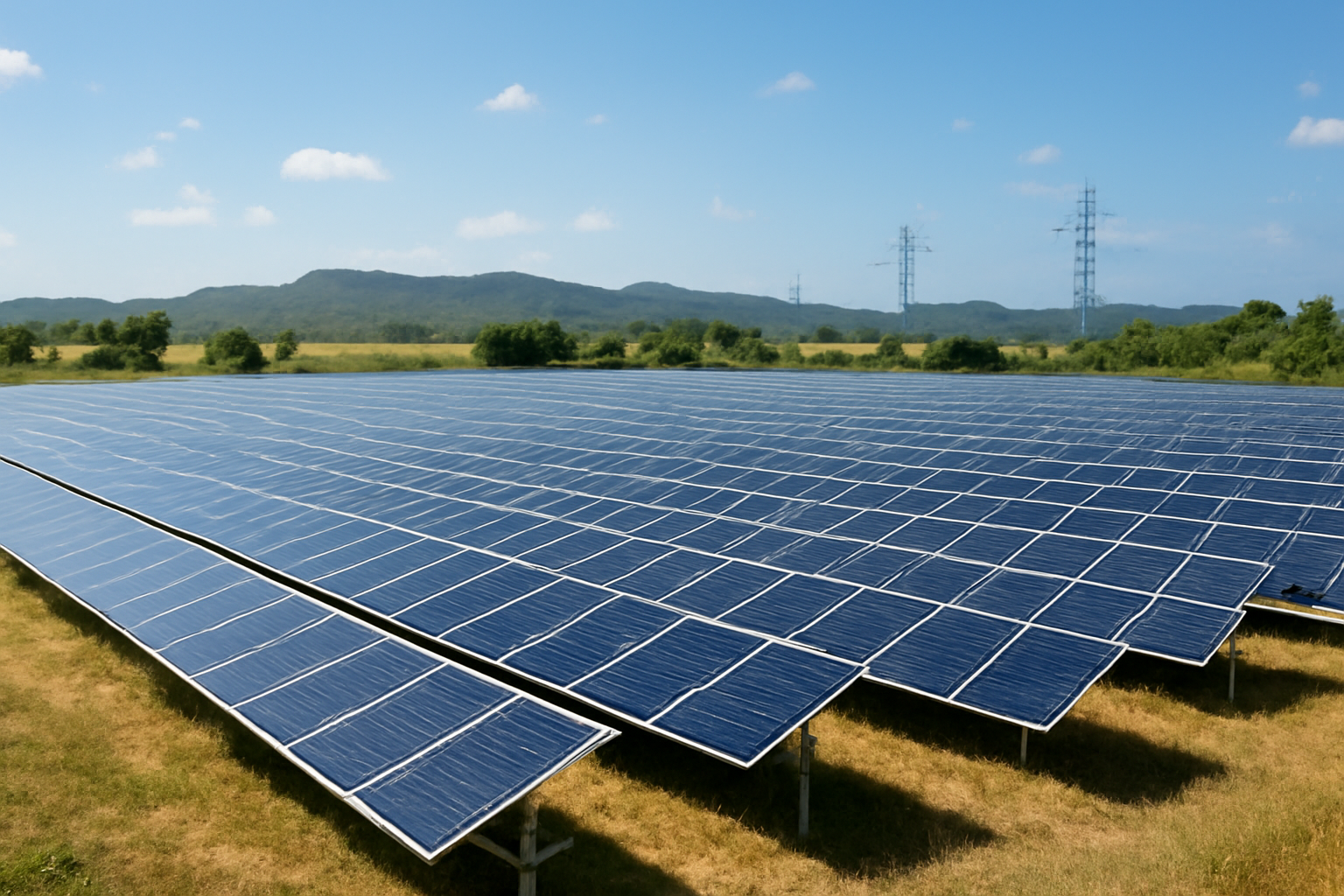 Solar panel farm installed on open land near a Cuban town with power lines in the background