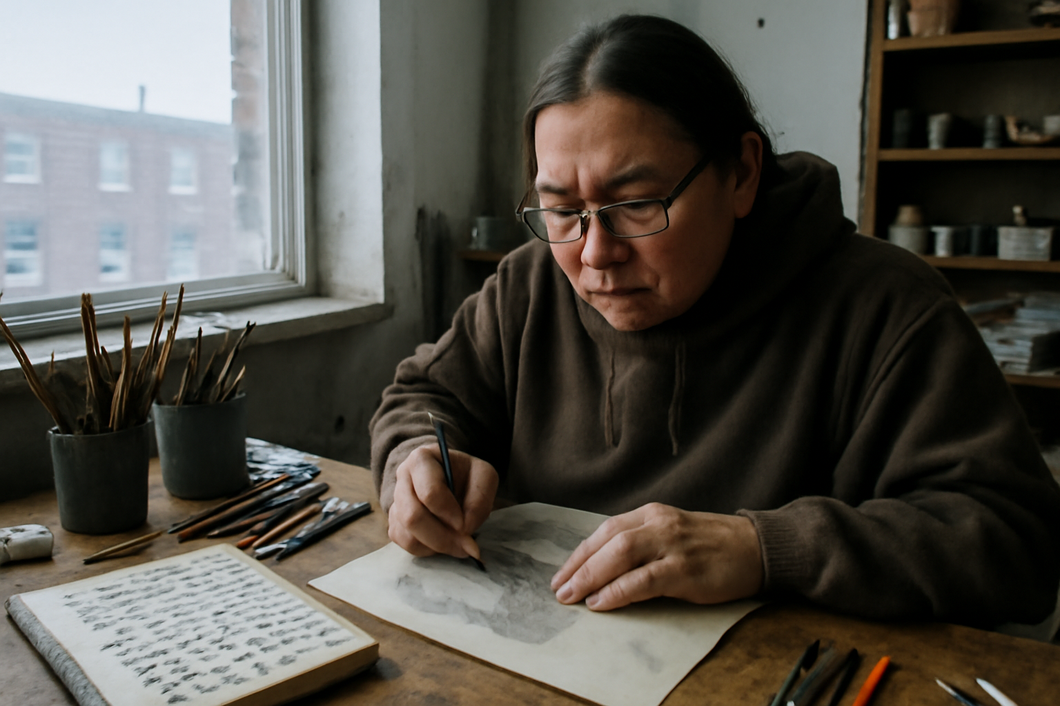 An Inuit artist's hands working on a tattoo design in a studio setting in Iqaluit