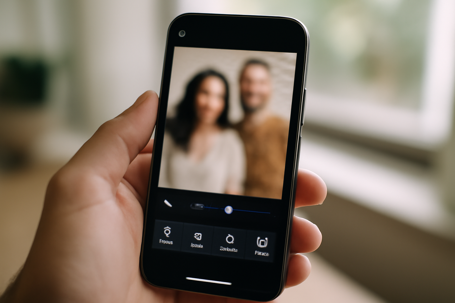 Smartphone screen showing an Instagram Stories editing interface with a face-blurring tool applied over a photo of two people