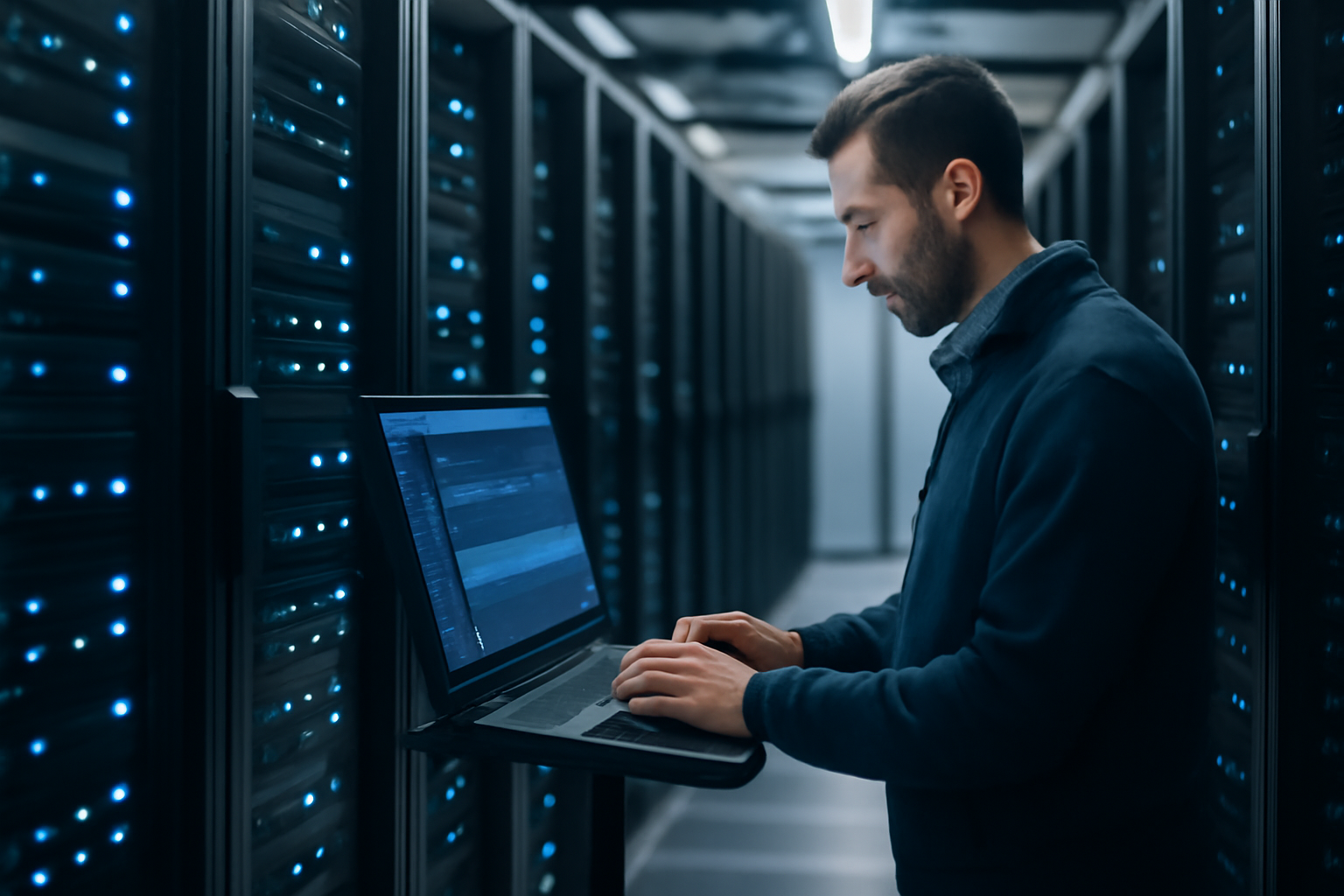 Server racks and data terminals inside a modern AI computing facility