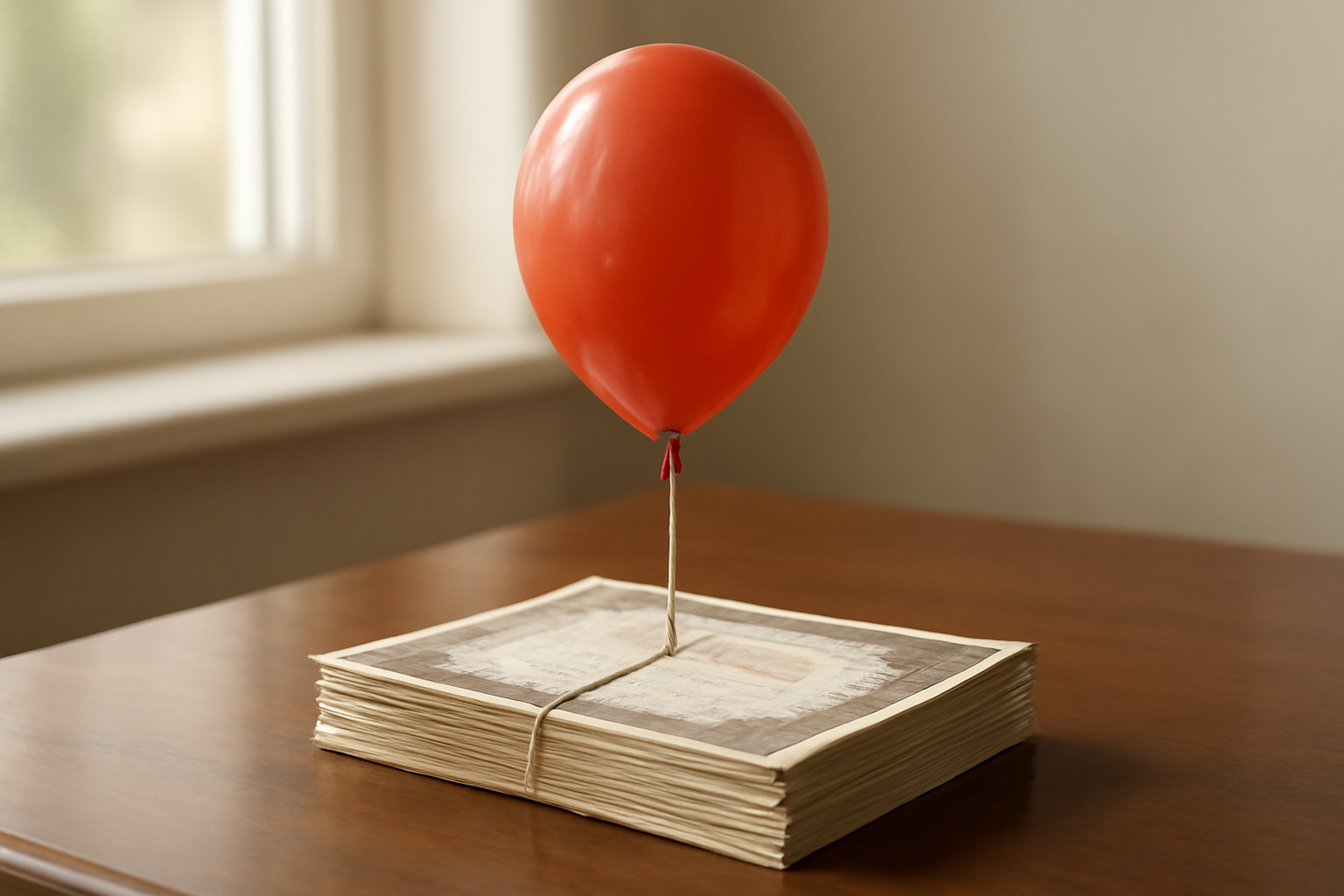 A red party balloon tied with ribbon to a stack of paper bond certificates on a wooden desk