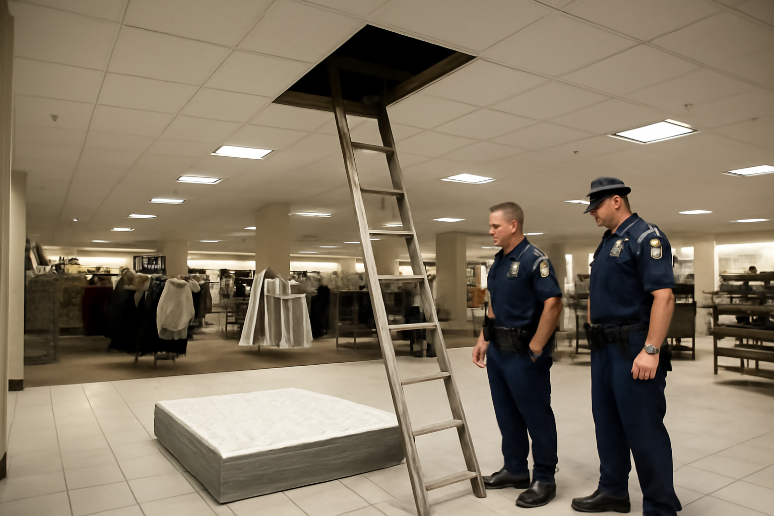 Officers stand beside a ladder leading into an open ceiling panel above a department store sales floor.