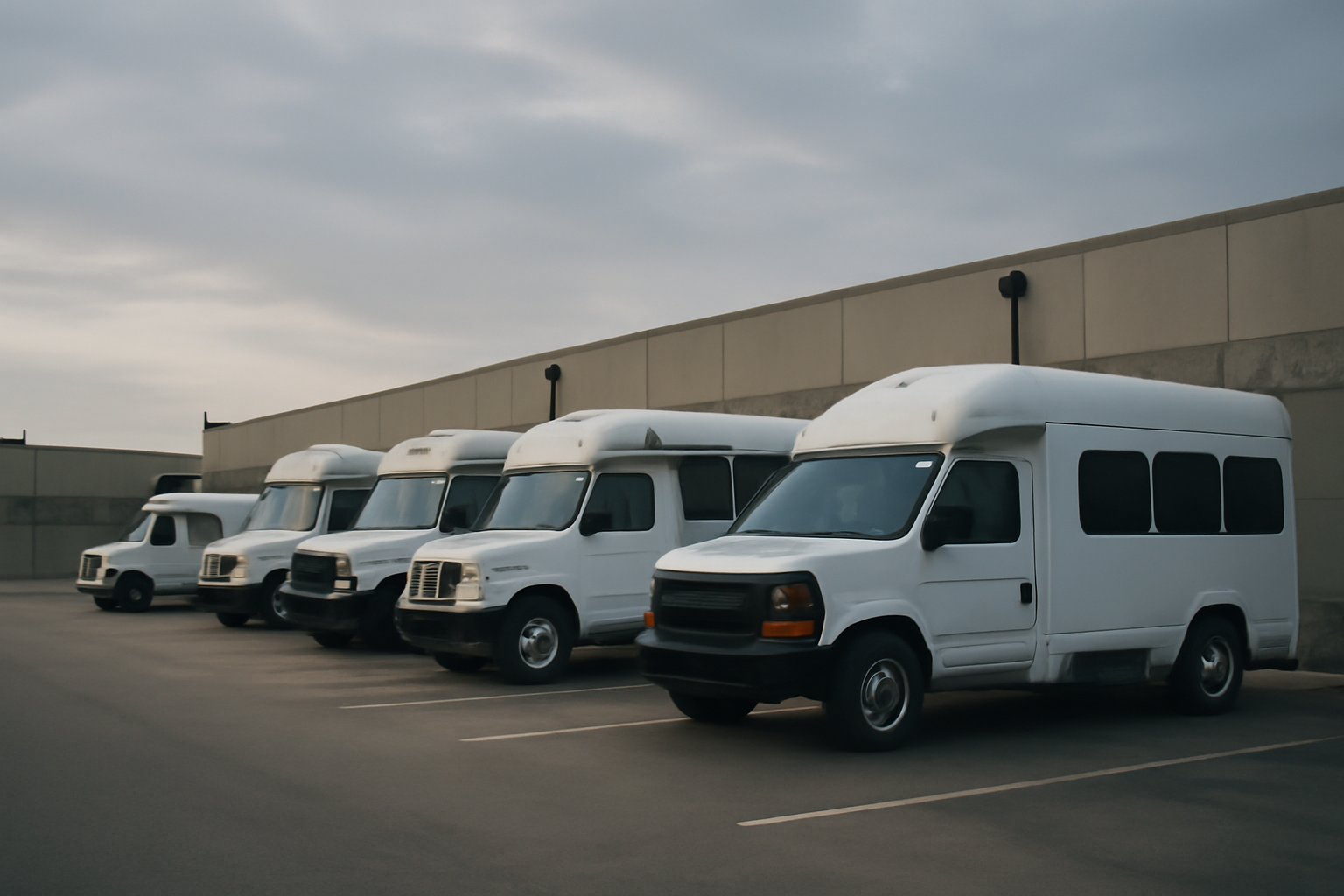 Federal immigration enforcement vehicles parked outside a detention facility at dawn