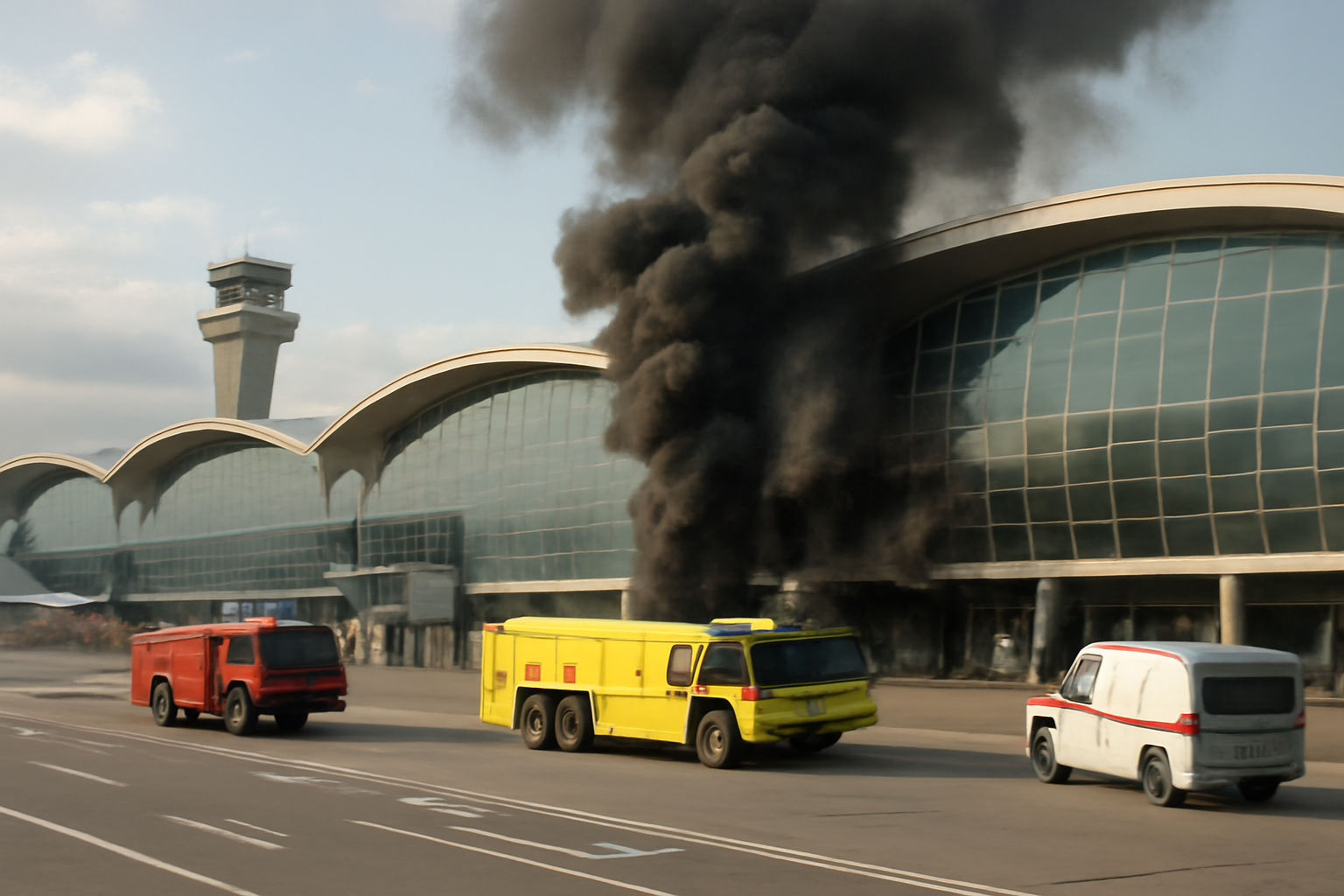 Smoke rising from an airport terminal building in Riyadh, Saudi Arabia, after a missile strike