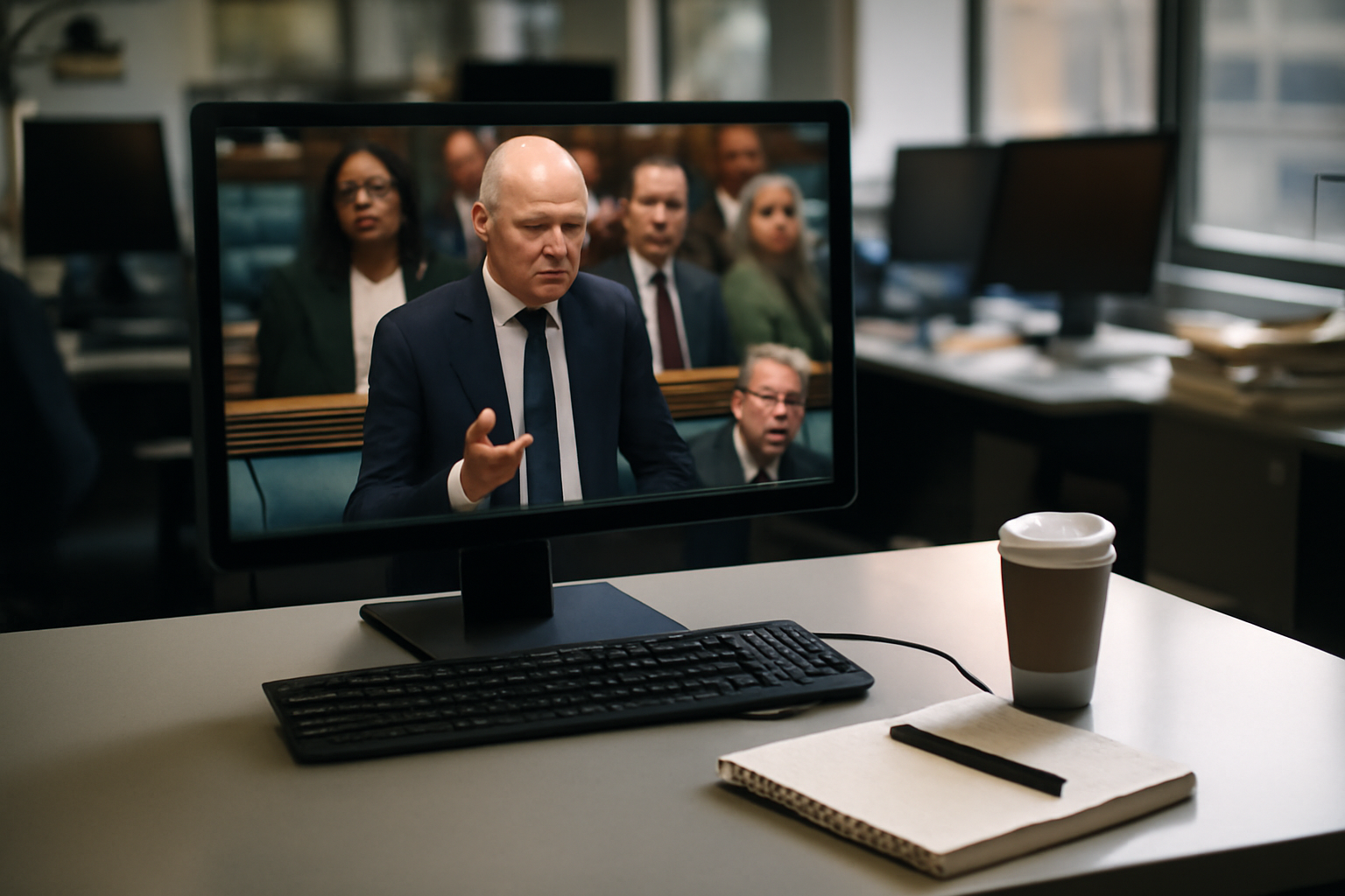 A newsroom monitor displaying a live Q&A webpage about the Iran war and midterm elections, with a laptop and notepad nearby