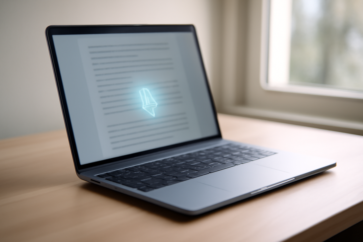 A silver Android-based laptop displaying a Gemini AI cursor overlay on a bright workspace desk