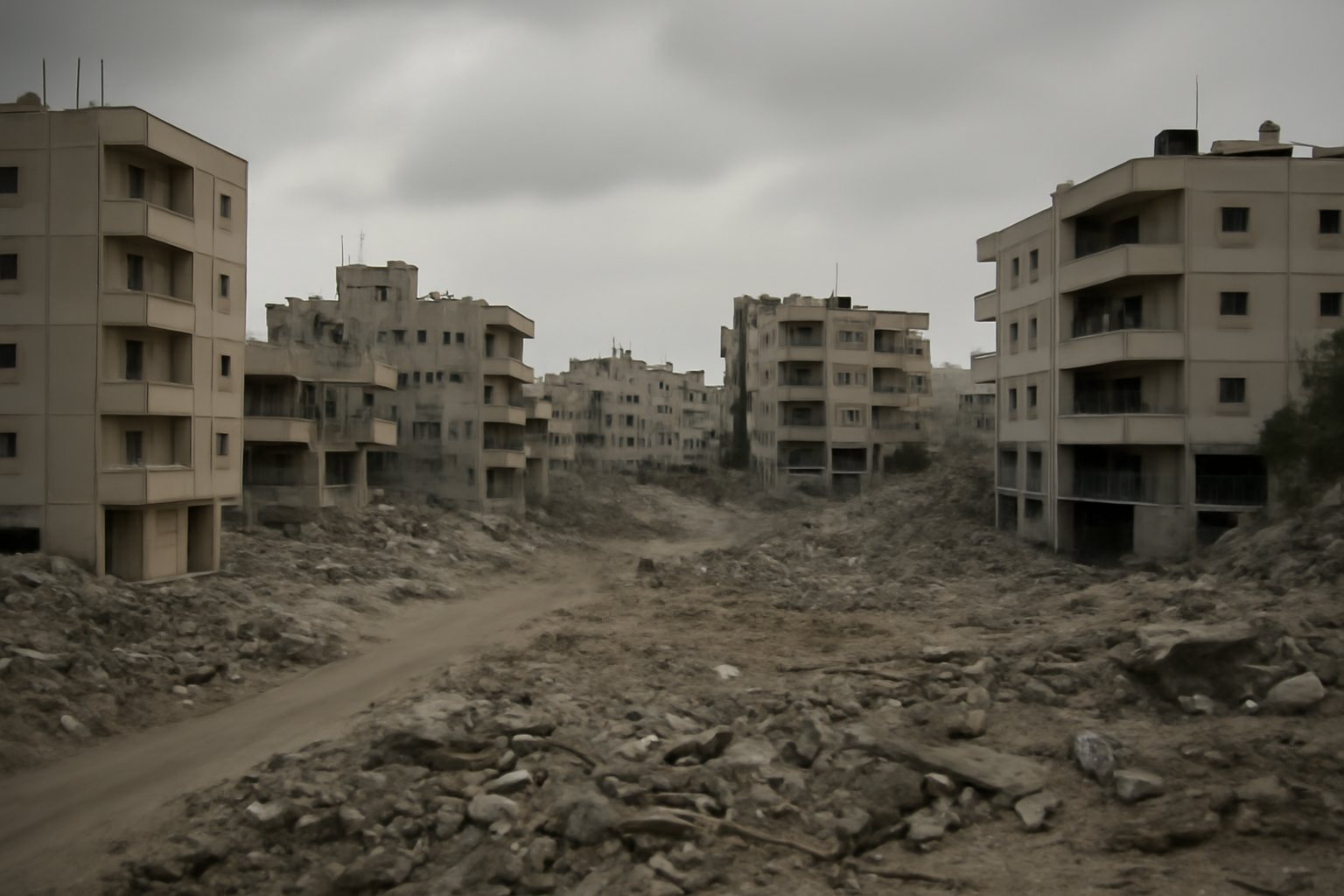 Aerial view of damaged buildings and rubble in a Gaza neighborhood under a hazy sky