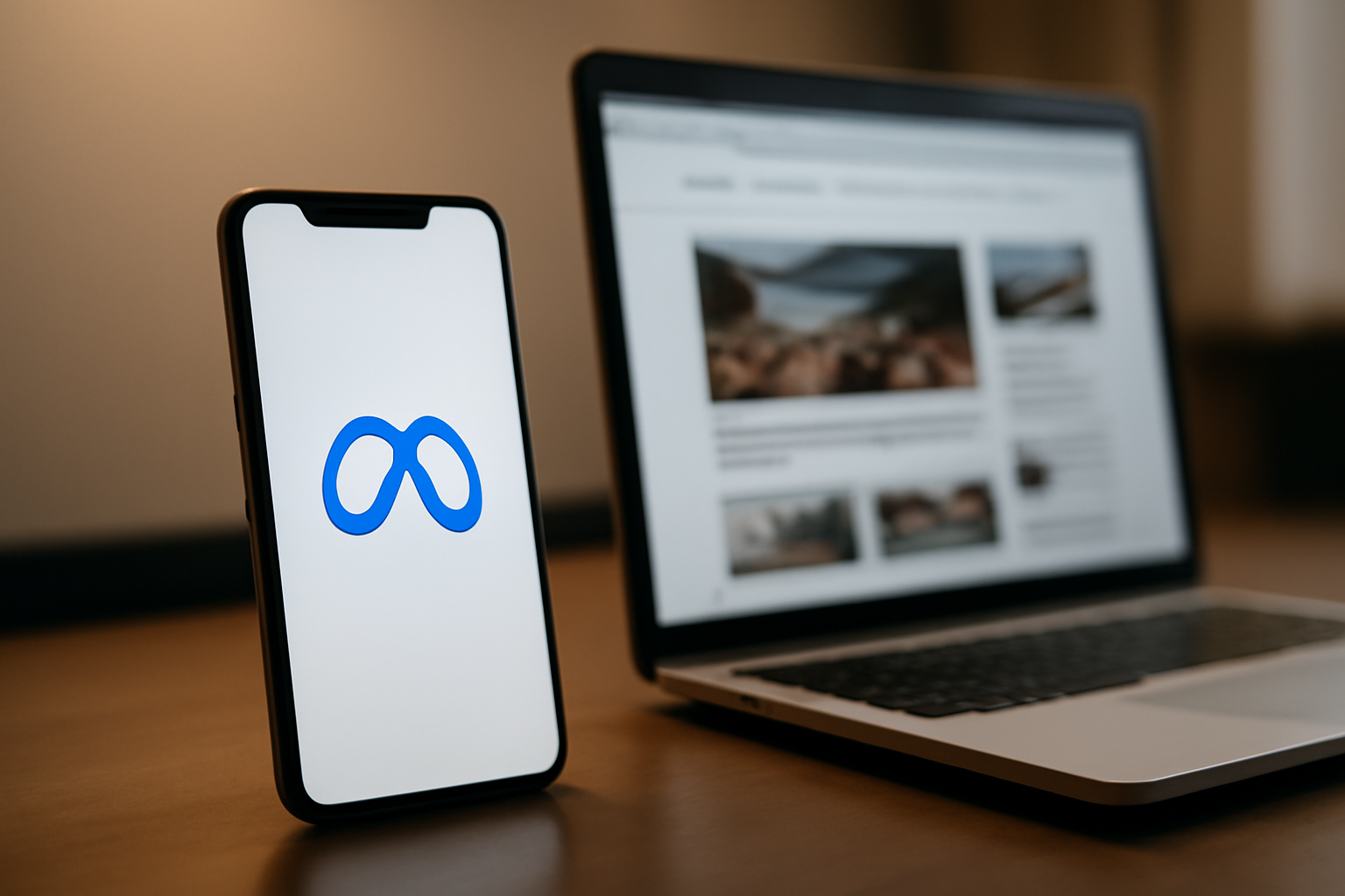 Meta logo displayed on a smartphone screen next to a web browser showing a news website