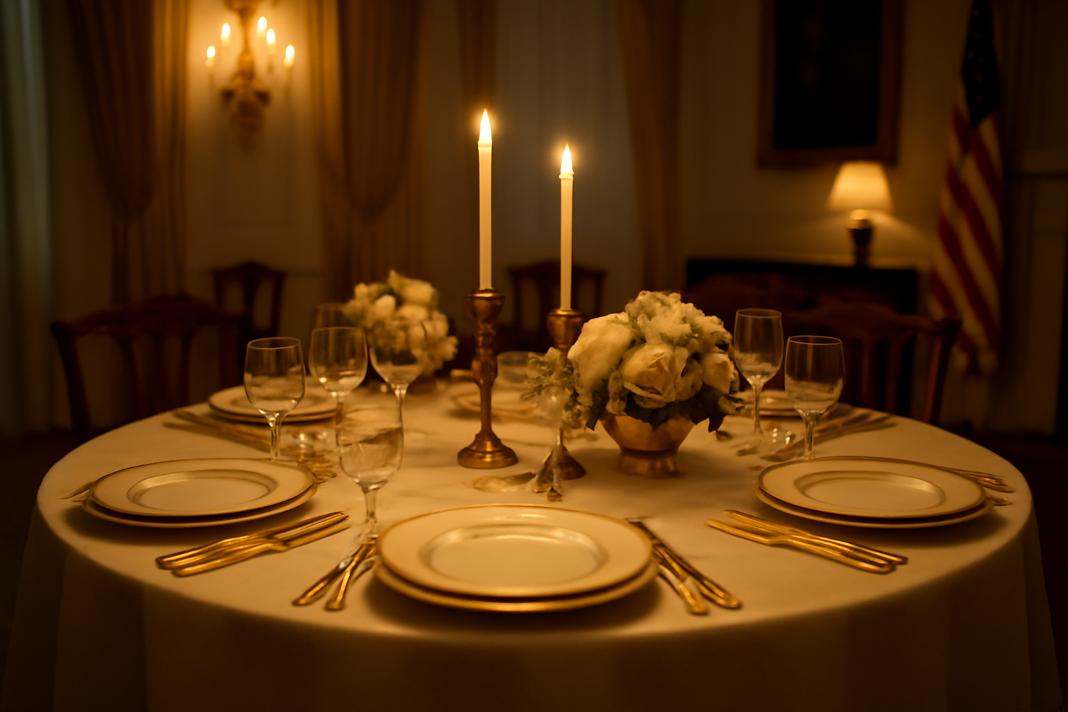 Formal dinner table setting inside a White House reception room with place settings for four guests