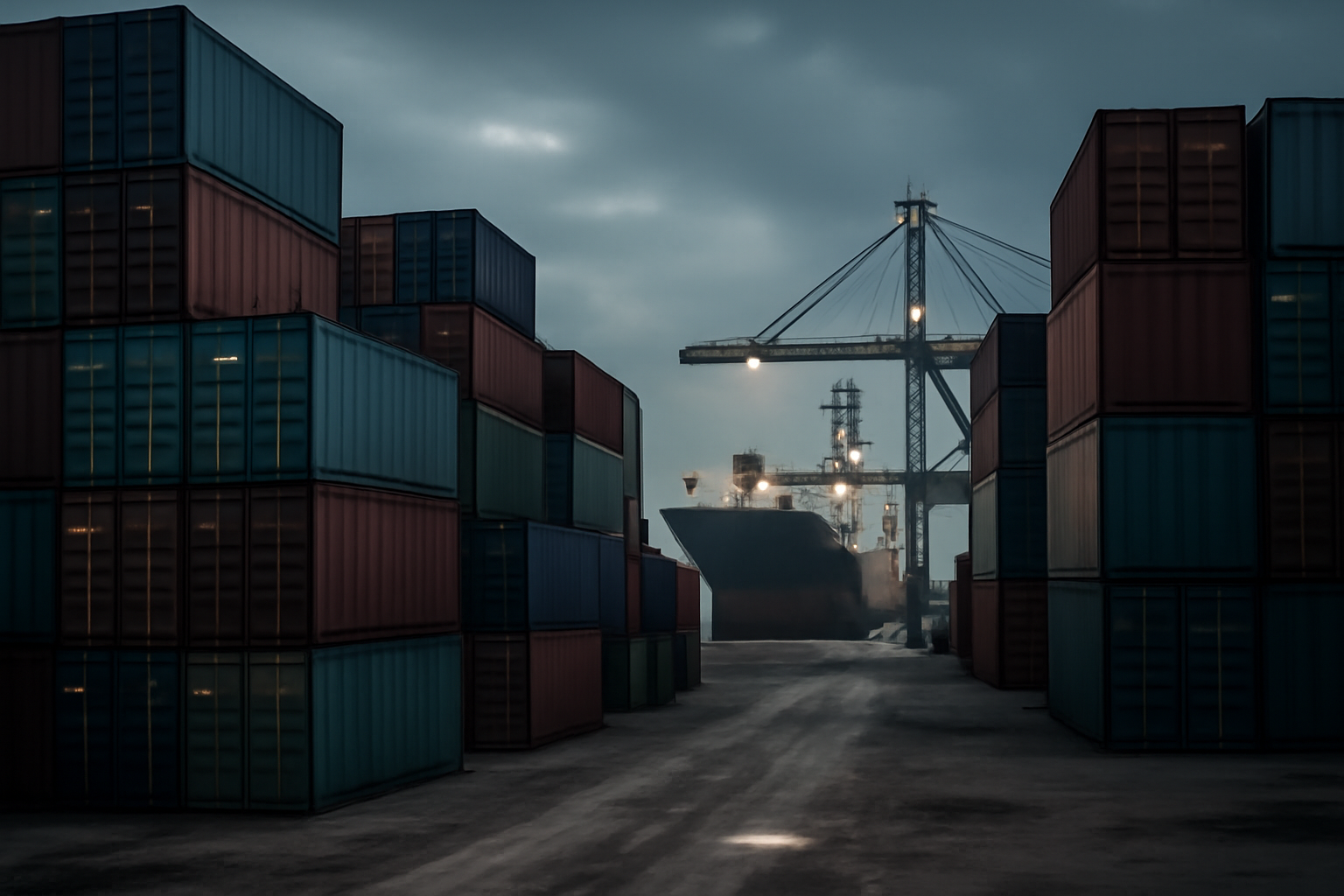 Cargo containers stacked at a West African port under overcast sky
