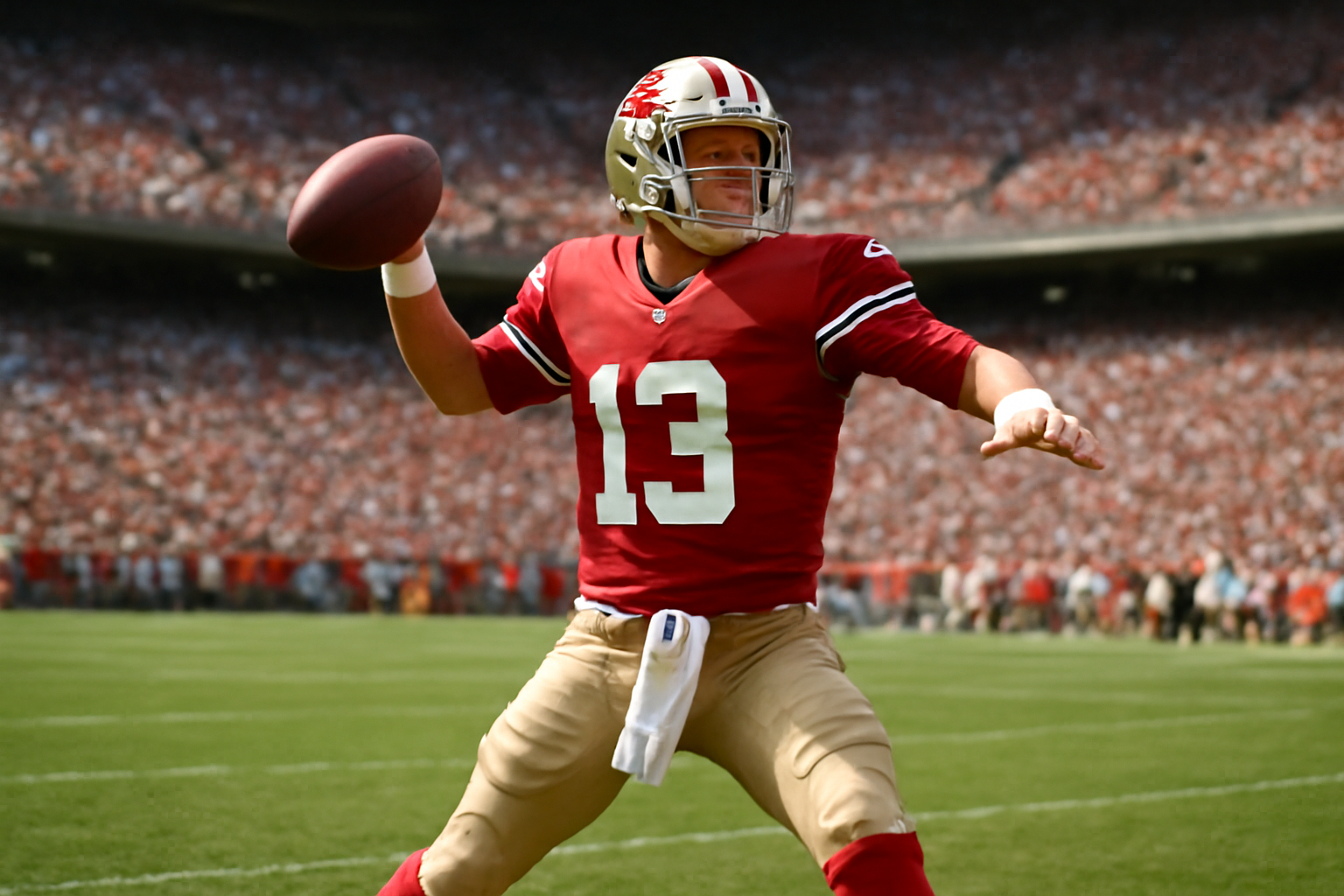 A football quarterback in a red and gold uniform releasing a pass downfield during a stadium game