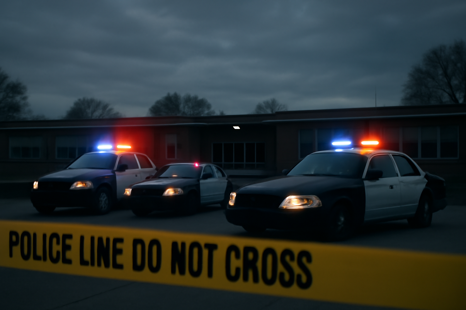 Police tape and emergency vehicles outside an elementary school building in Oregon