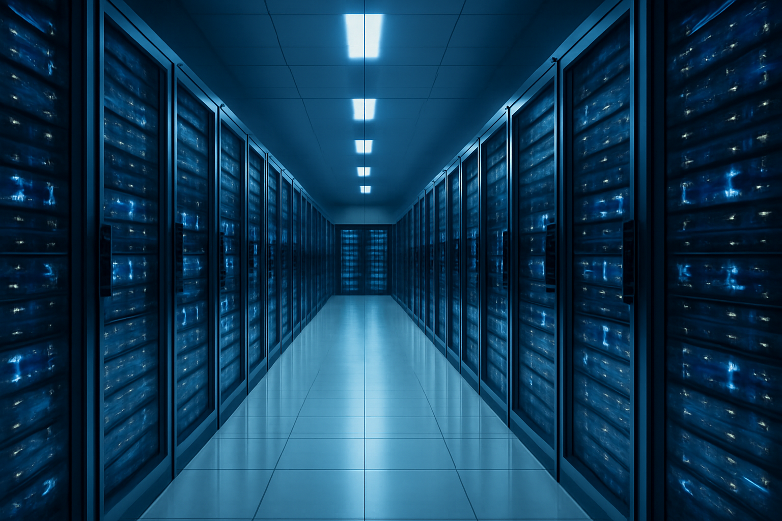Rows of server racks inside a data center with status lights glowing in a cloud computing facility