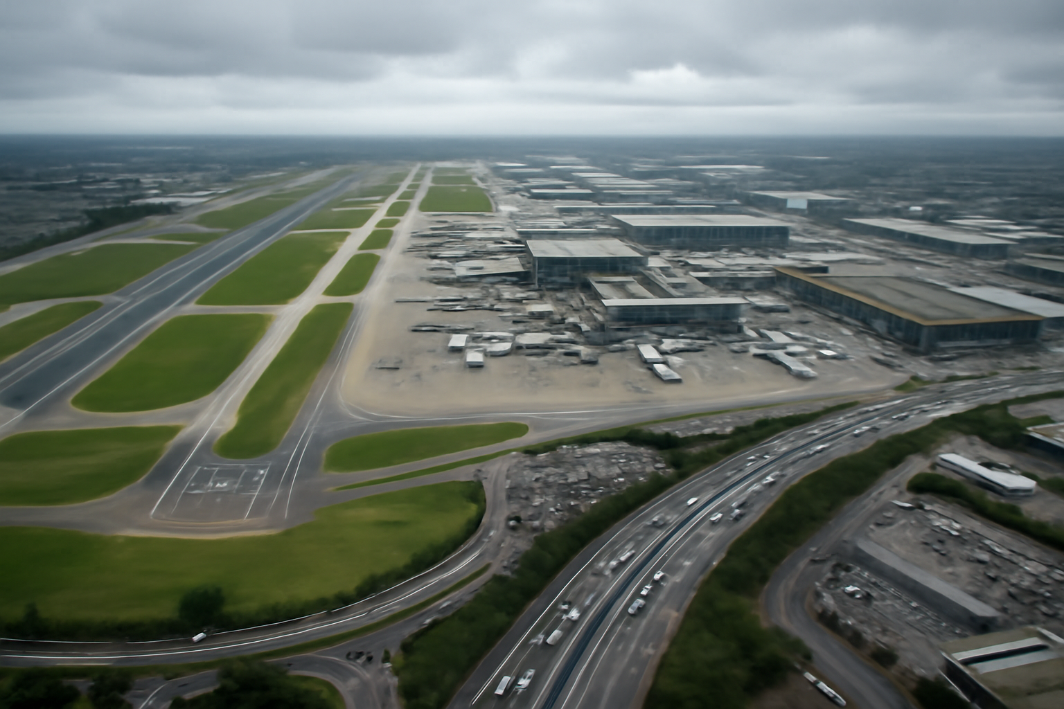 Aerial view of Heathrow Airport runways and terminals with the M25 motorway visible nearby