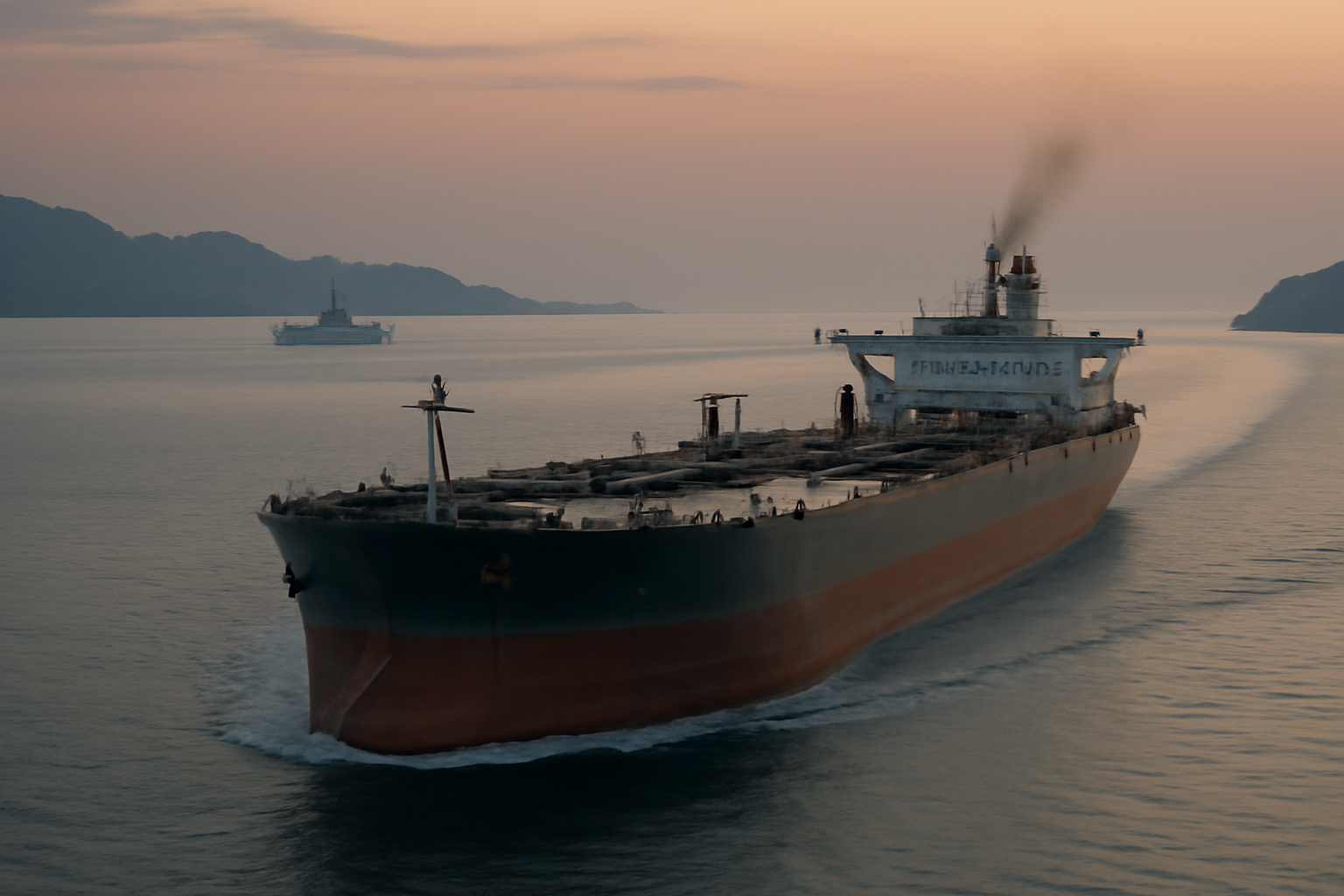 Oil tanker transiting the narrow waters of the Strait of Hormuz under a hazy sky