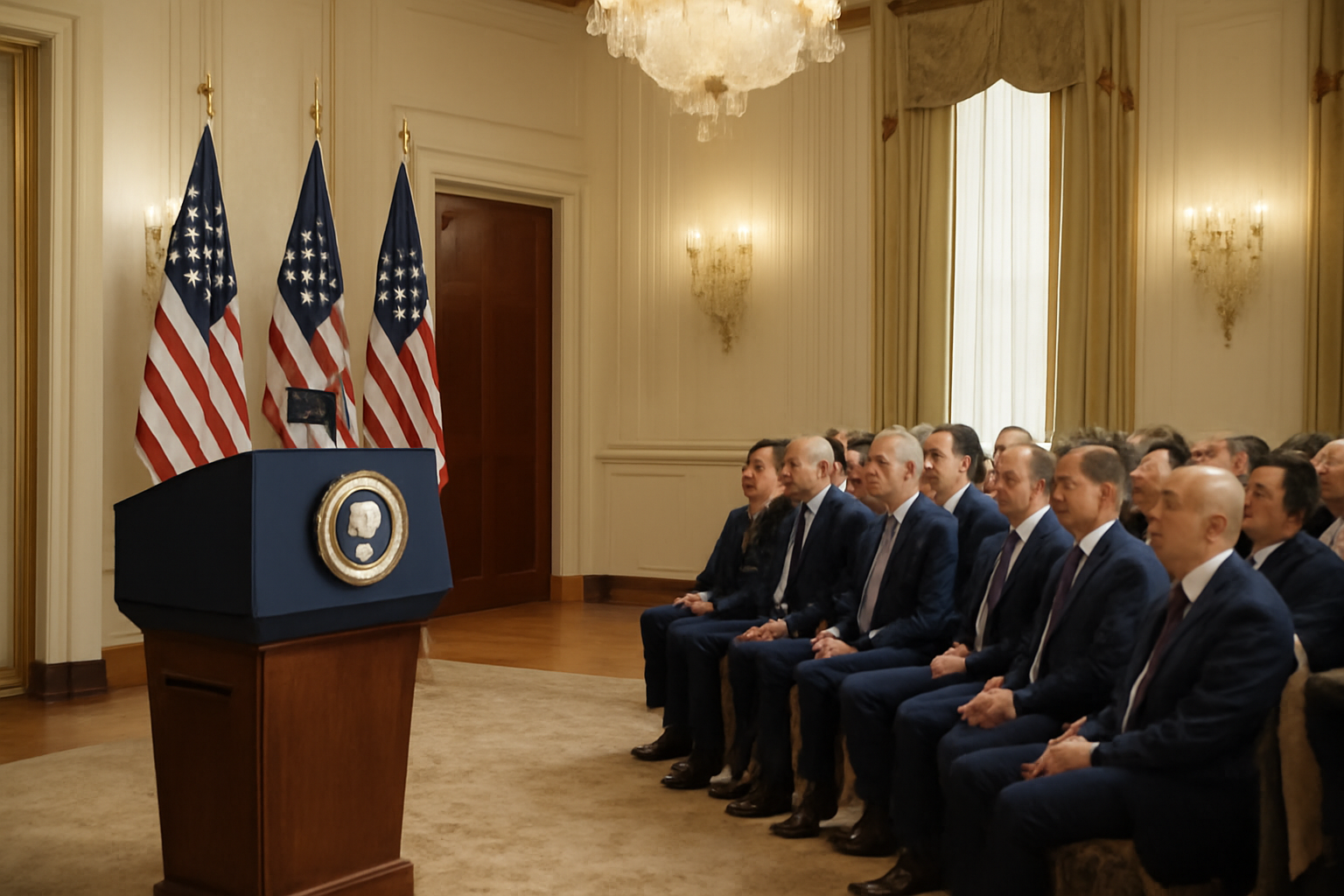 White House podium with tech executives seated nearby during an AI policy signing event