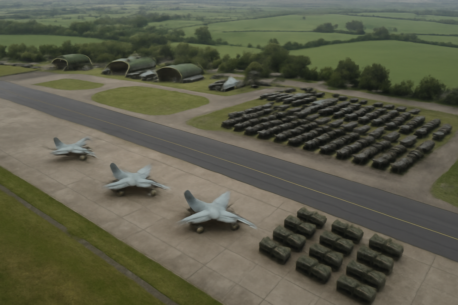 Satellite view of light attack jets and military vehicles lined up at an airfield in Laos