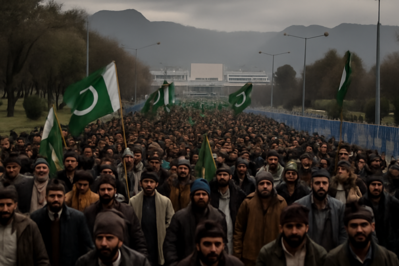 Crowd of demonstrators walking toward government buildings in Islamabad carrying flags