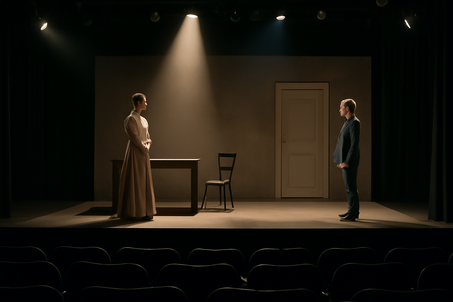 Two actresses on a dimly lit stage set representing a 1970 crime scene and a present-day courtroom