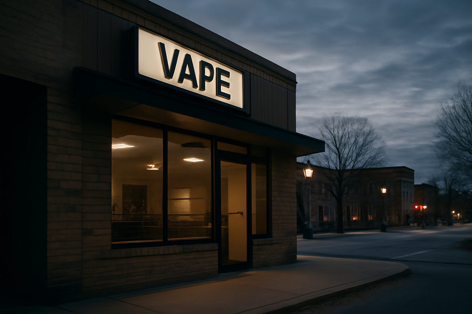 Exterior of a small strip-mall vape shop storefront near a college campus at dusk