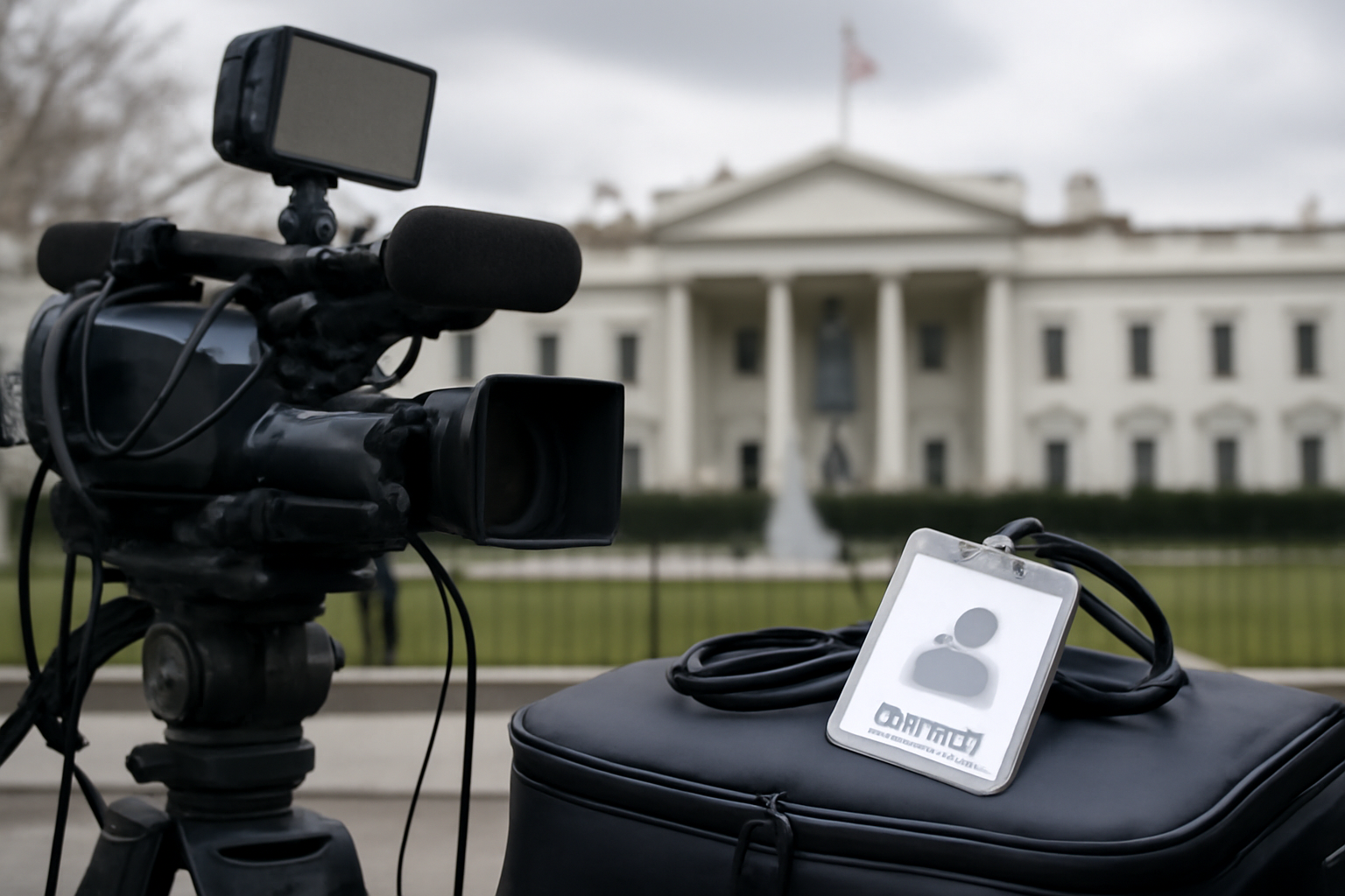 Exterior of the White House press briefing area with television network camera equipment set up outside